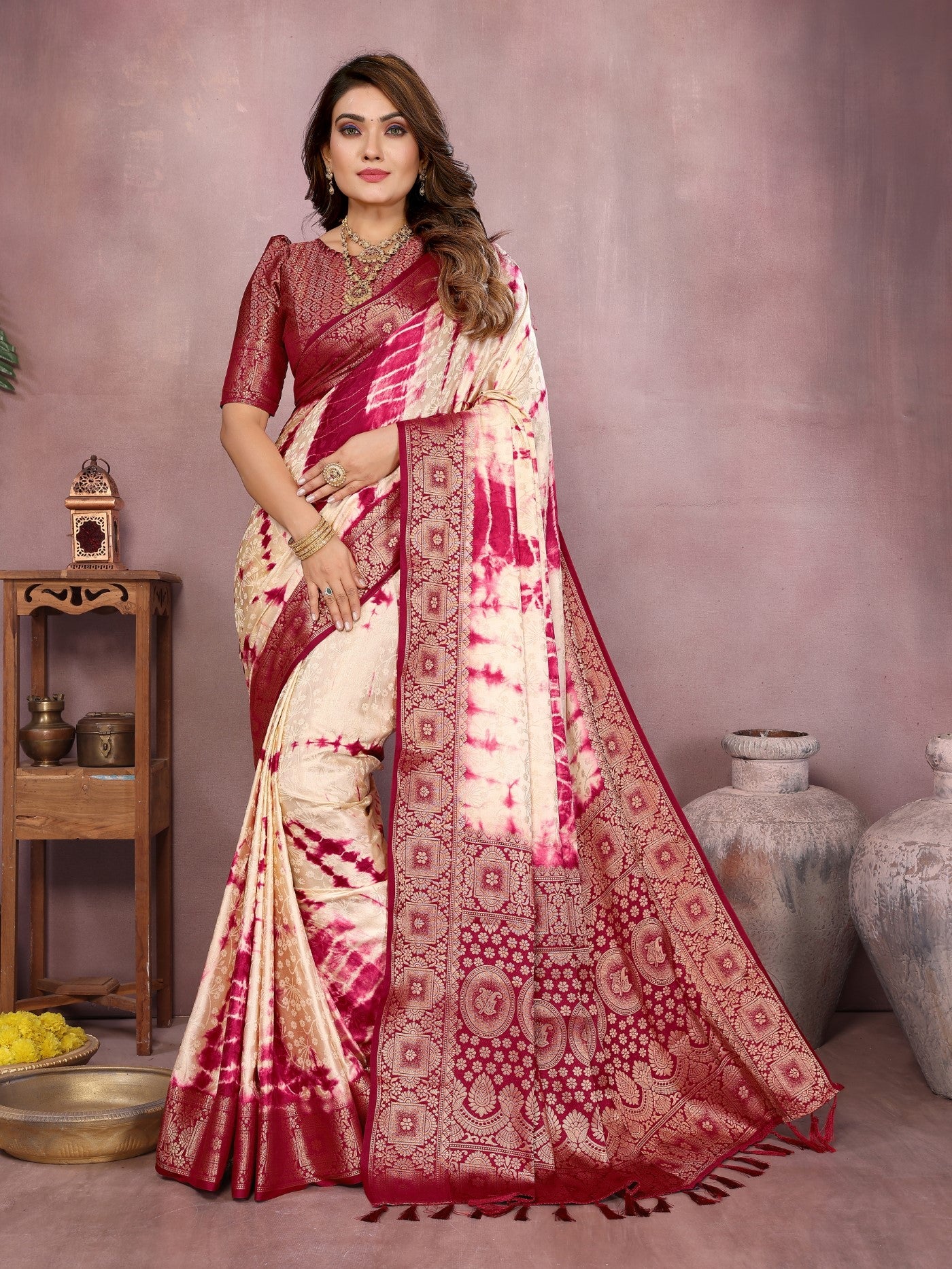 Cream Soft Satin Silk Saree With Classic Sibory Zari Border