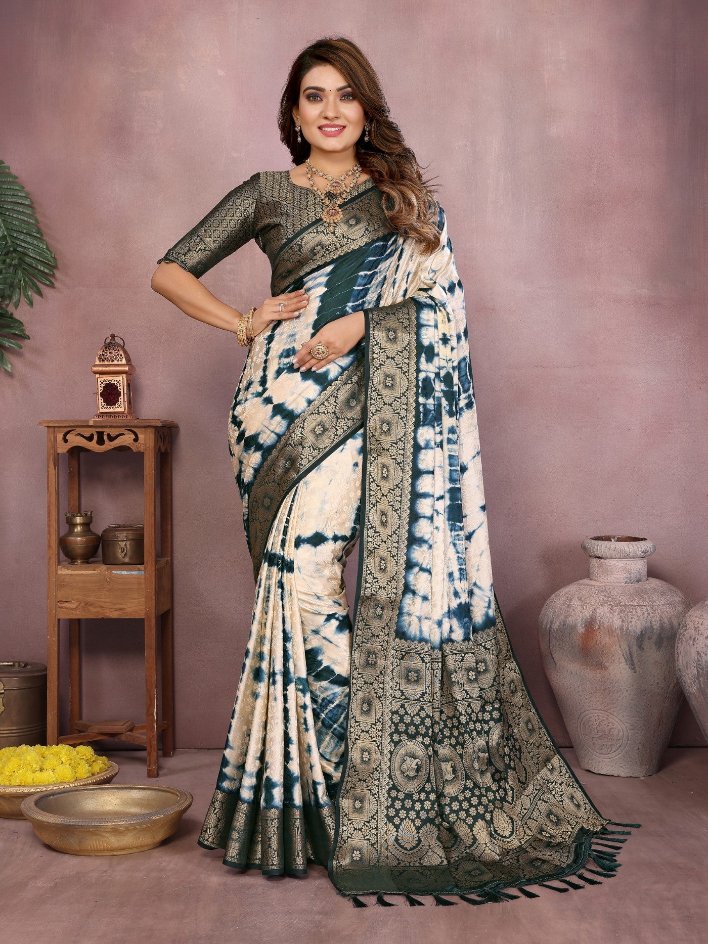 Cream Soft Satin Silk Saree With Designer Sibory Zari Border