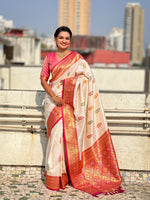 Cream Soft Silk Woven Meenakari Designer Heavy Ceremonial Saree