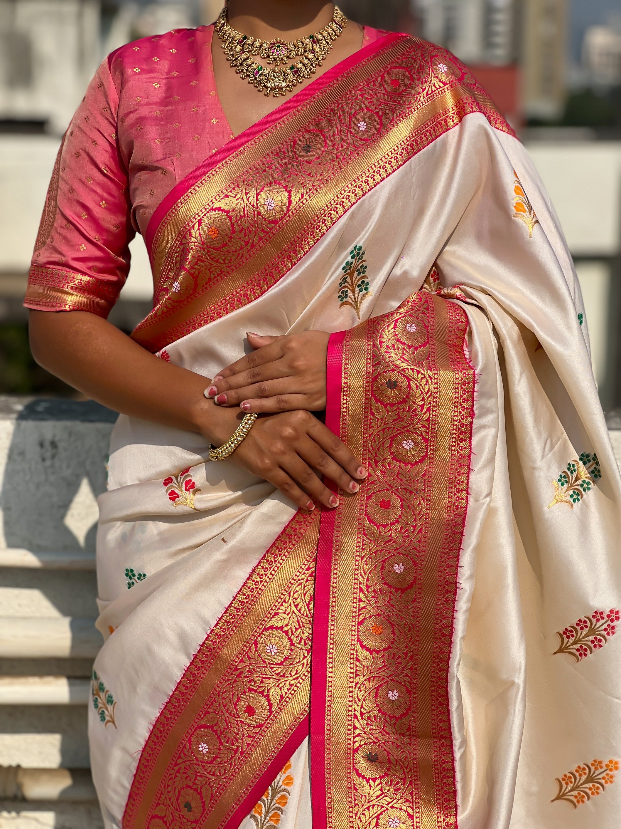 Cream Soft Silk Woven Meenakari Designer Heavy Ceremonial Saree