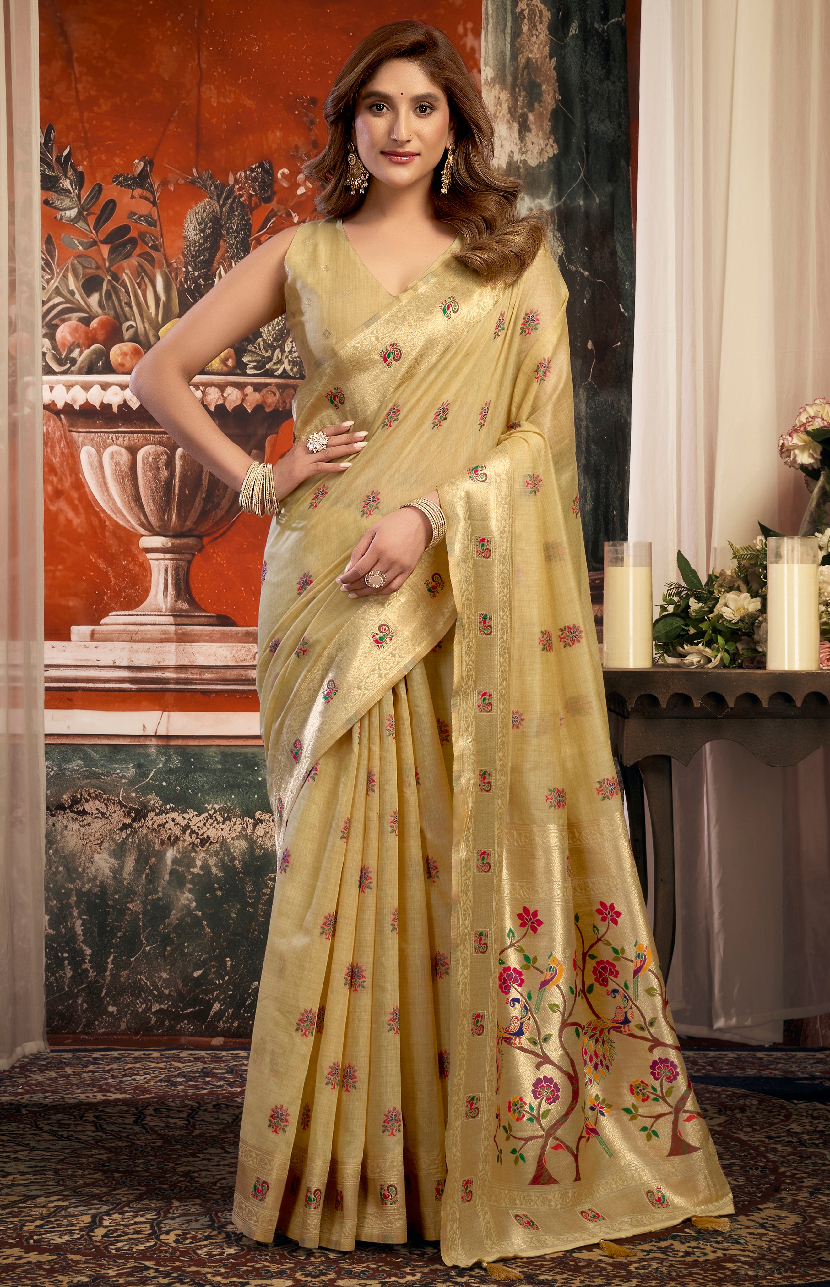 Cream Super Kota Saree with Elegant Paithani Woven Work