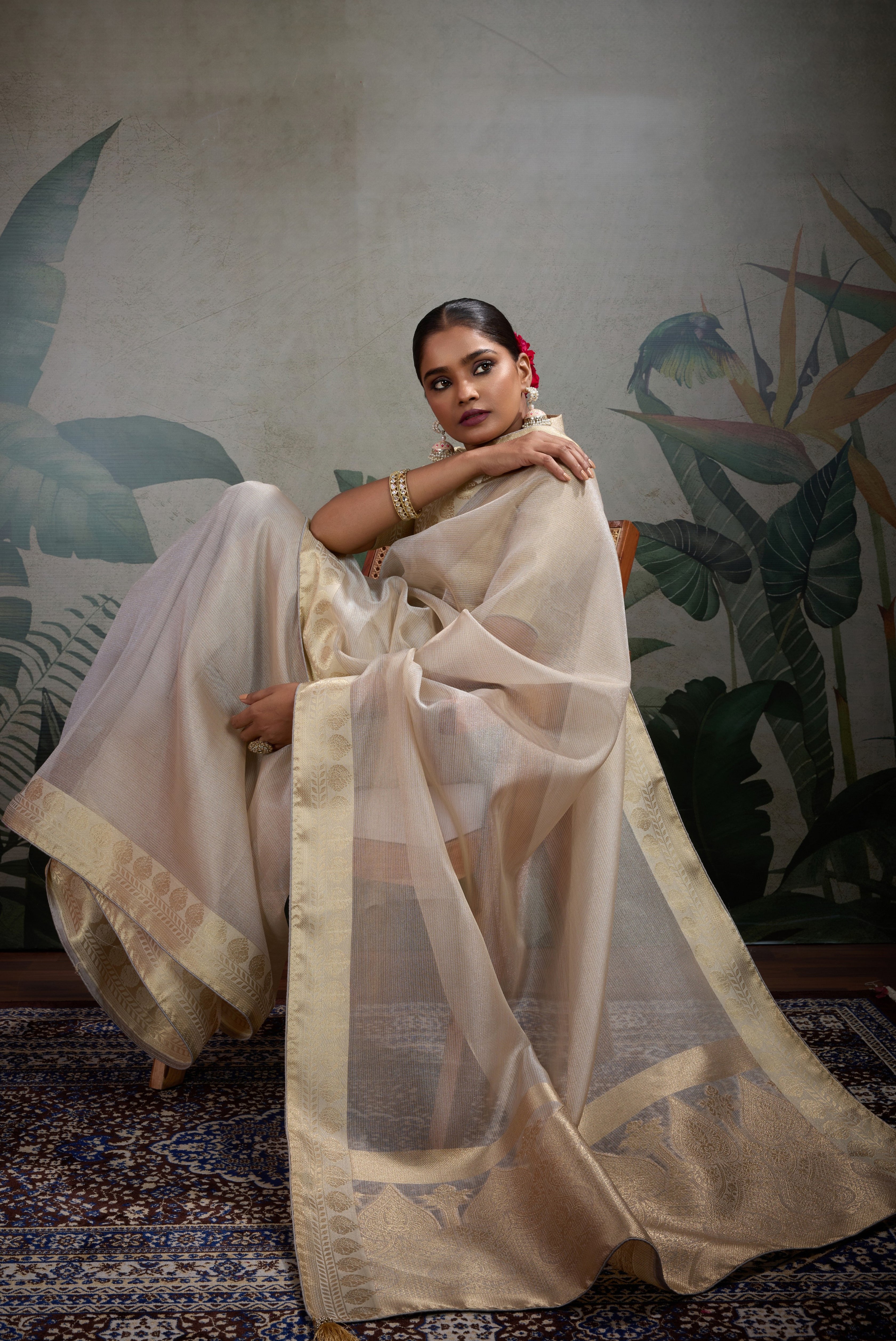 Cream Tissue Saree with Woven Patta Work