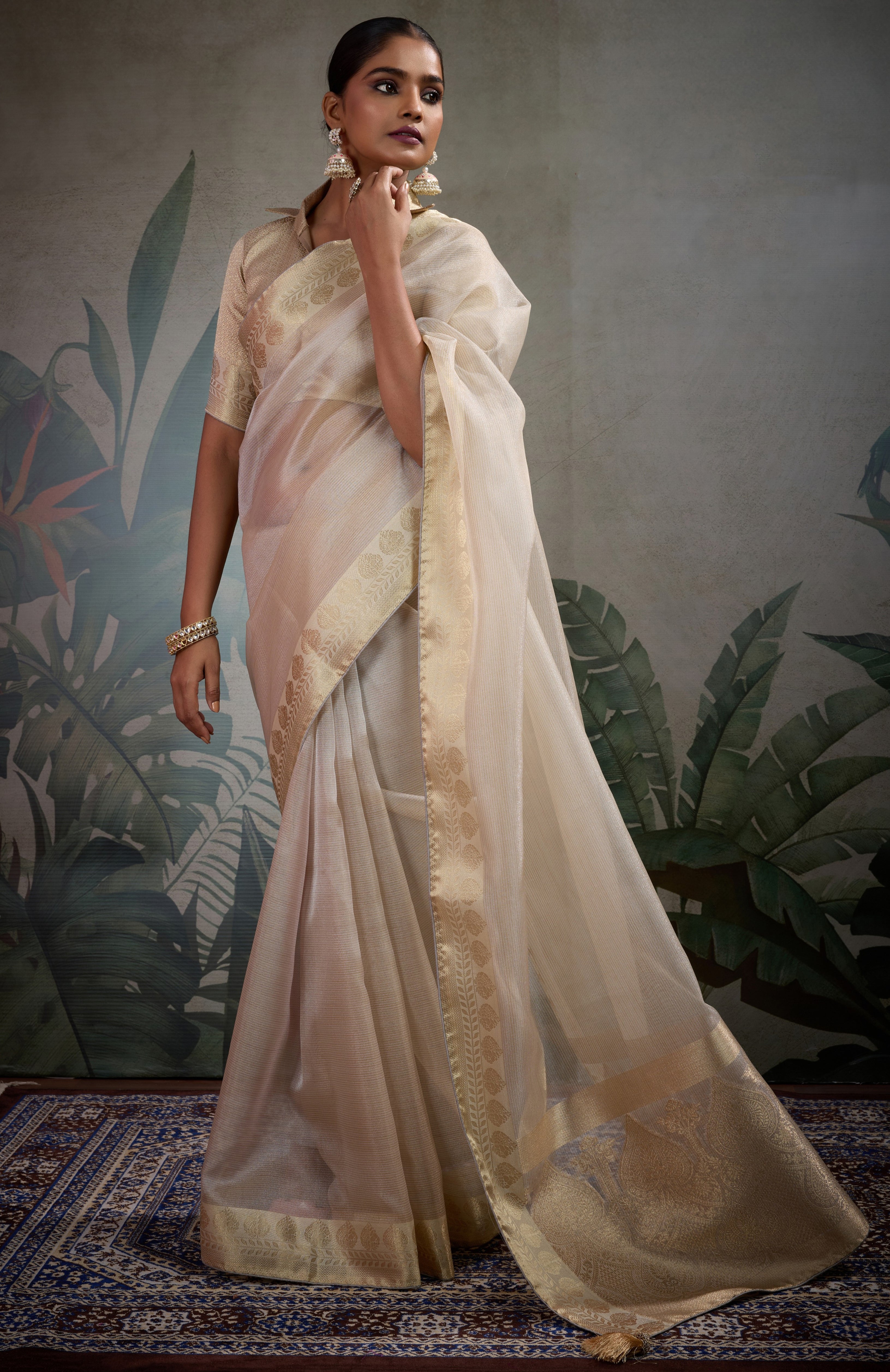 Cream Tissue Saree with Woven Patta Work