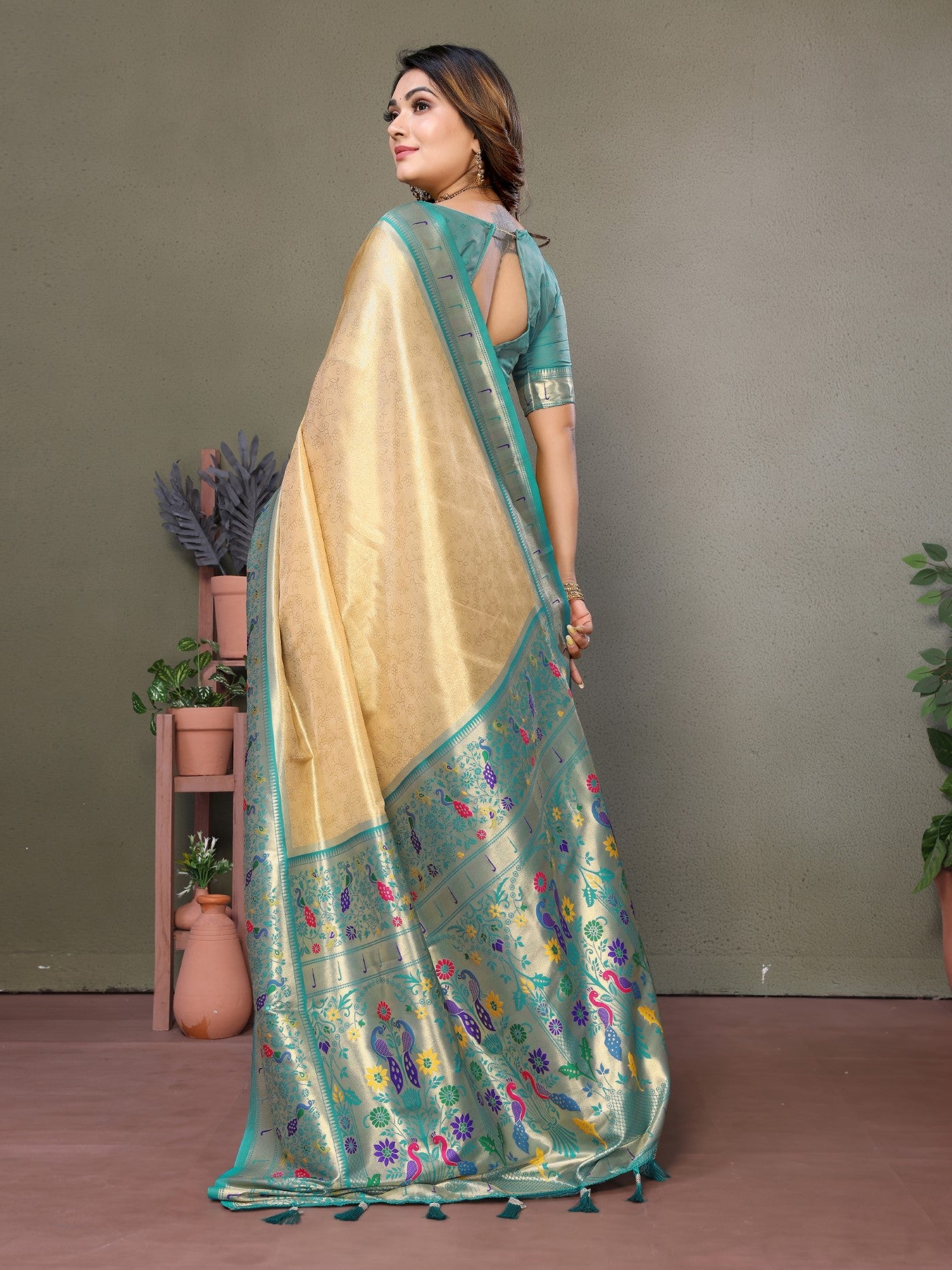 Cream Tissue Silk Saree With Paithani Woven
