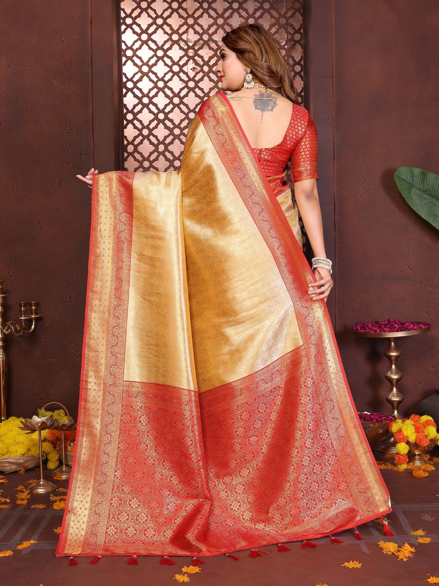 Cream Tissue Silk Saree With Traditional Woven