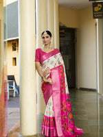 Cream Trendy Crepe Saree With Woven Zari Patta And Designer Print Work