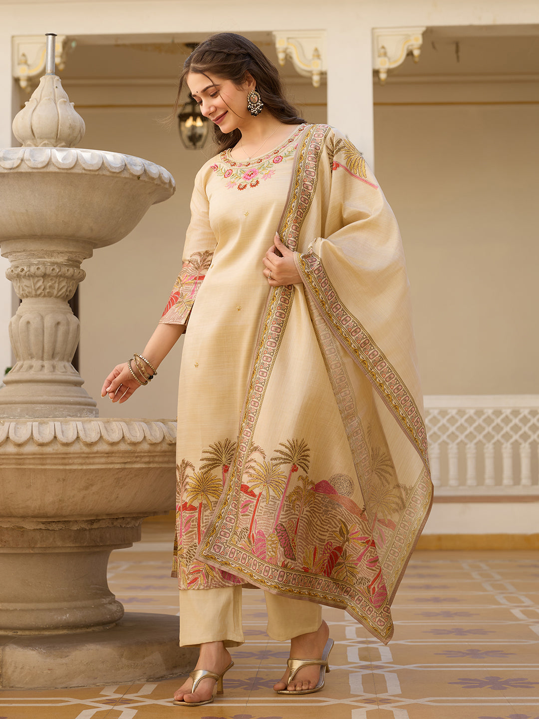 Cream Viscose Assam Silk Elegant Kurta Pant Set With Print