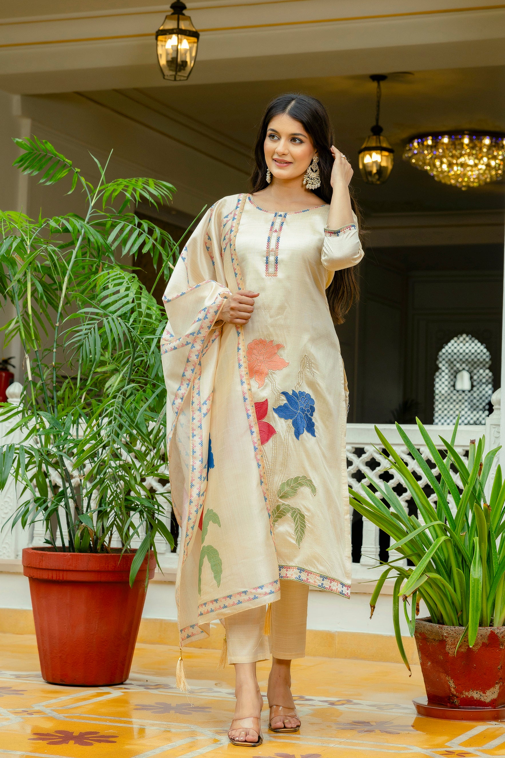Cream Viscose Assam Silk Kurta Pant Set With Thread Embroidered Work With Printed Dupatta