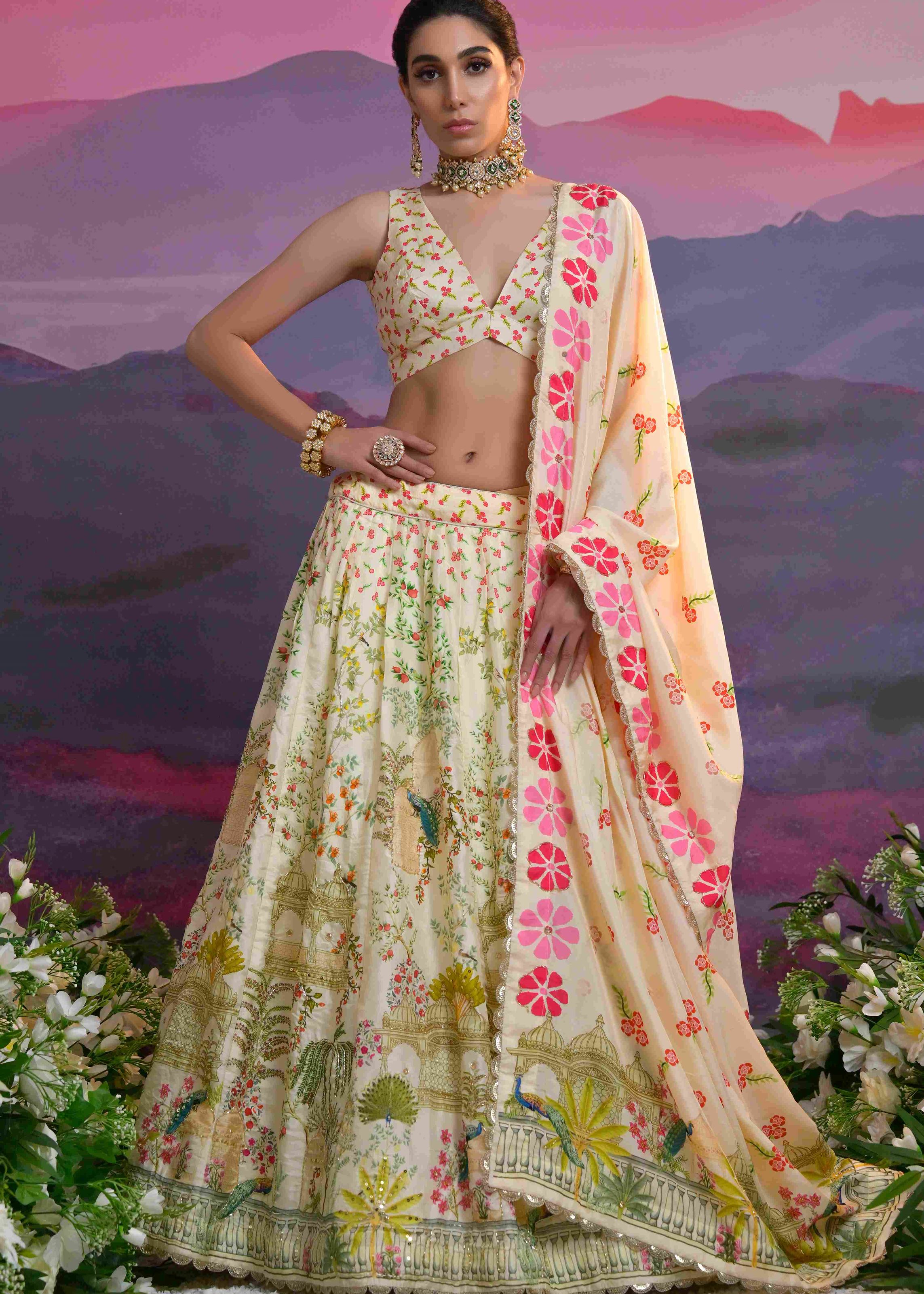 Cream Viscose Russian Lehenga Choli With Print With Zardosi, Cutdana, Sequins With Gota Patti Work
