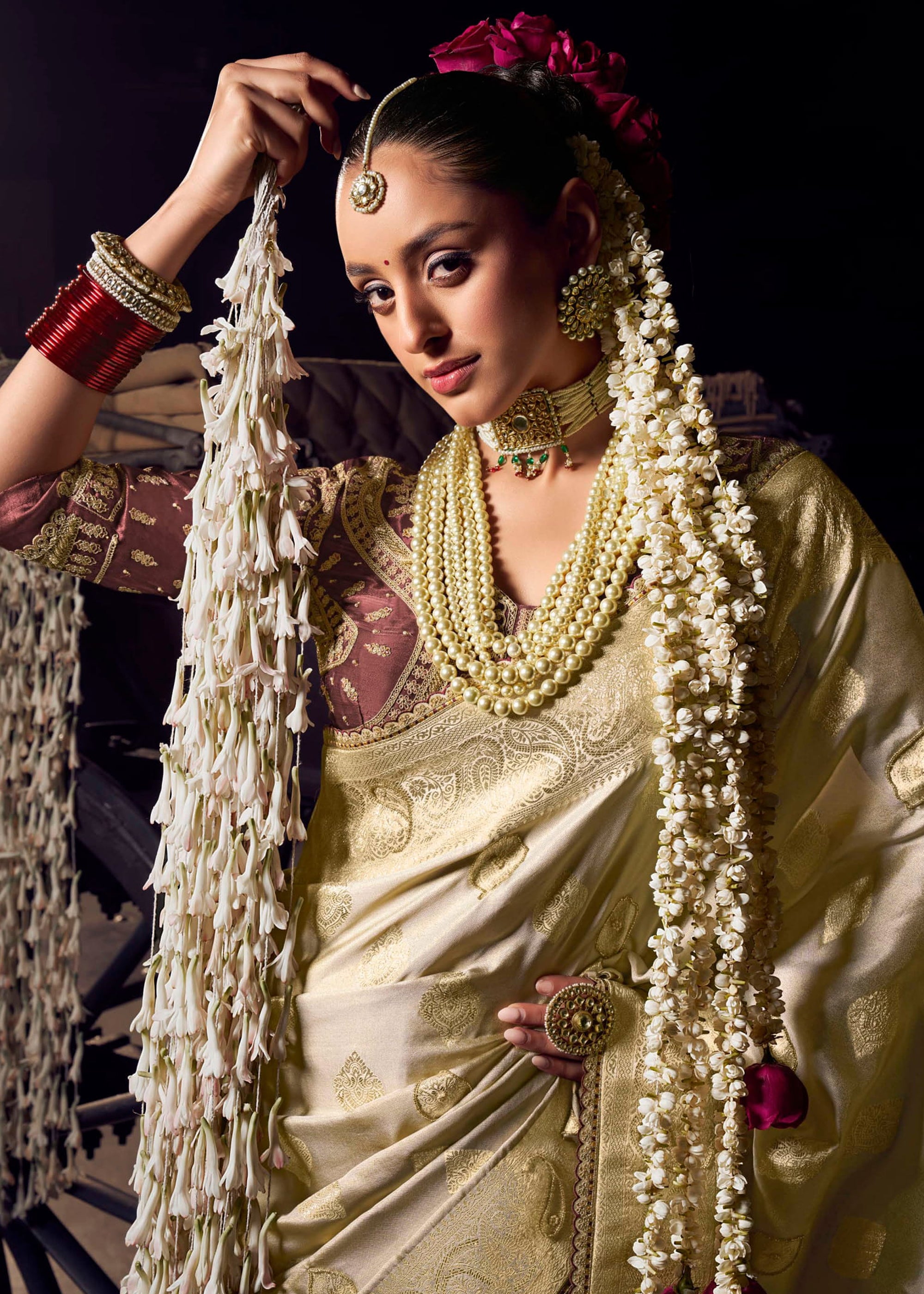 Cream Viscose Tissue Saree with Hand Work and Embroidered Blouse