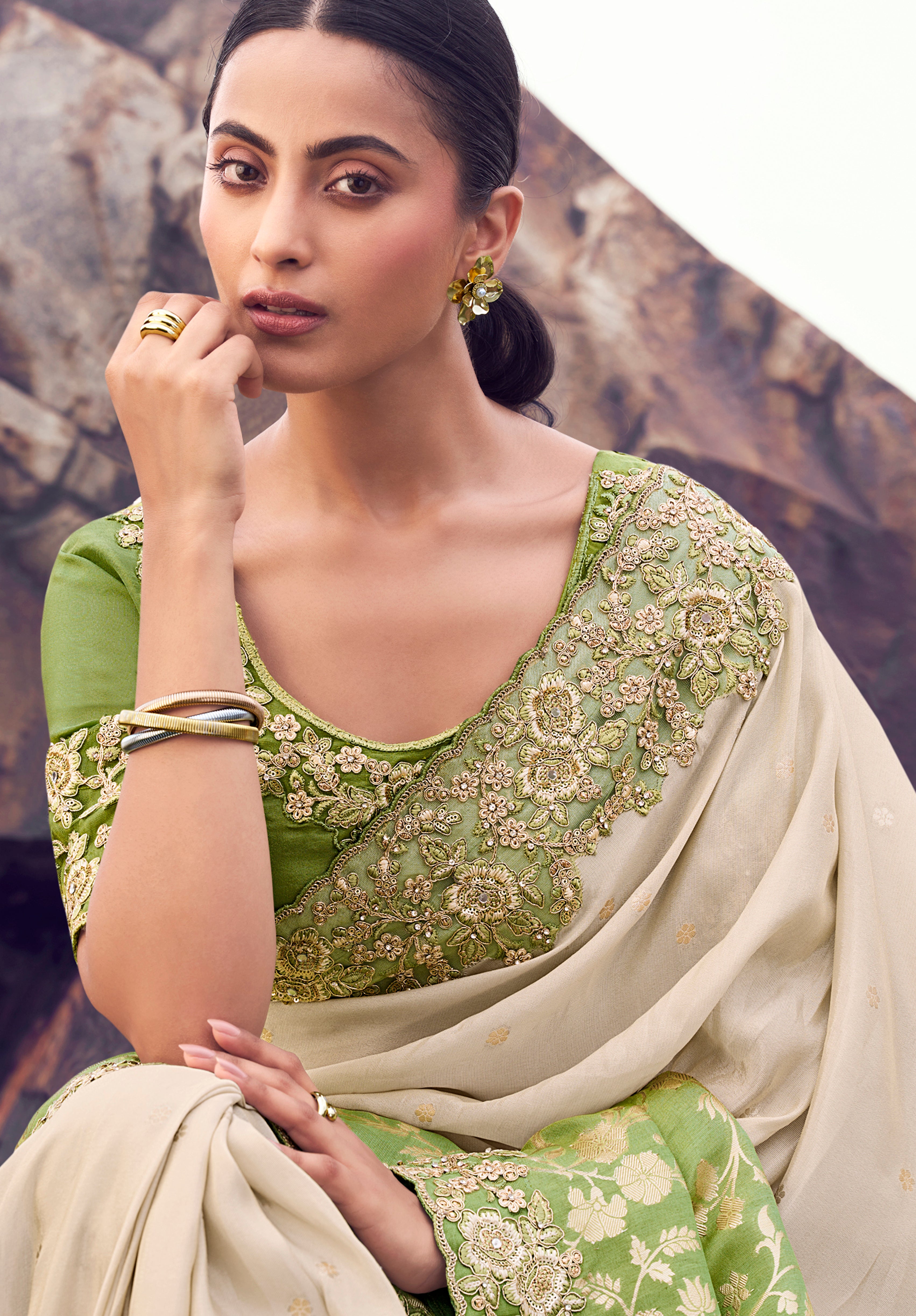 Cream & Green Saree With  Jacquard Woven With Embroidered Border & Blouse