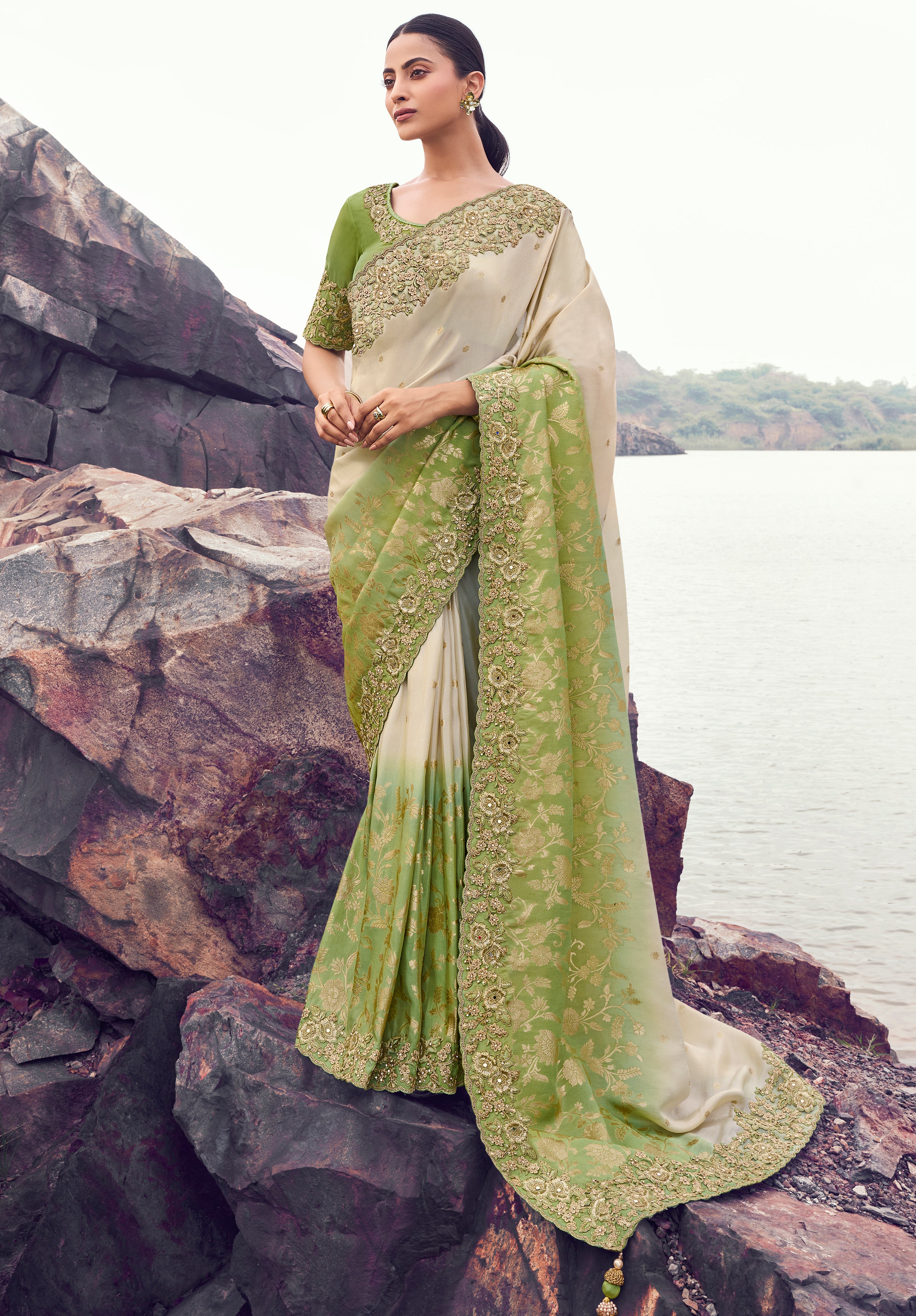 Cream & Green Saree With  Jacquard Woven With Embroidered Border & Blouse