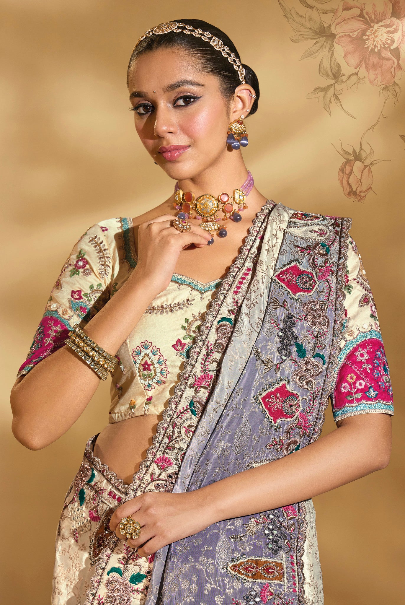 Cream & Grey Saree With  Jari, Thread, Moti, Cut-Dana With Mirror Heavy Work