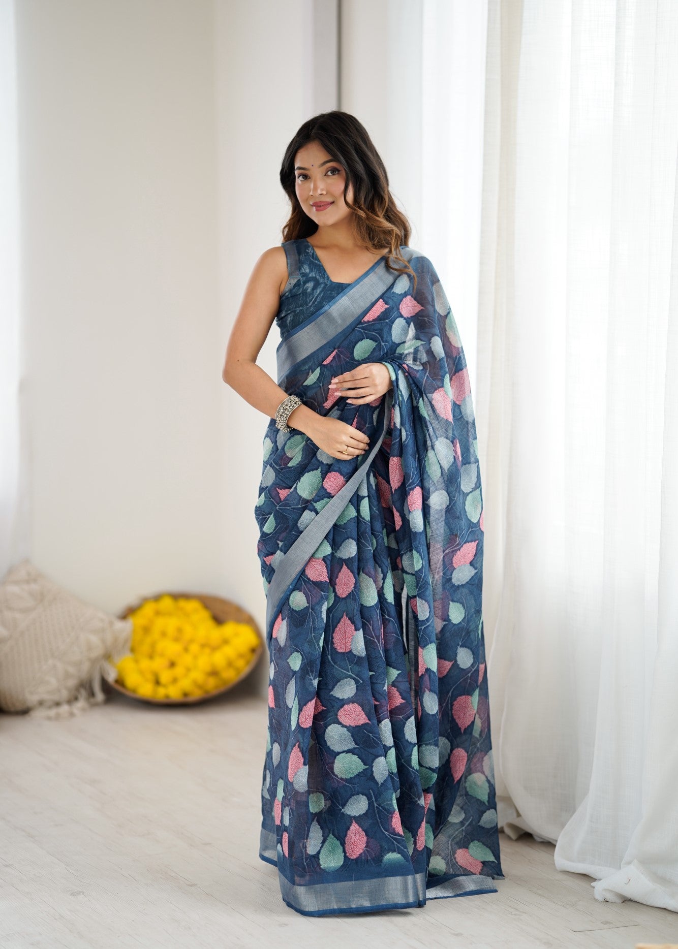 Dark Blue Linen Patta Saree With Printed Design
