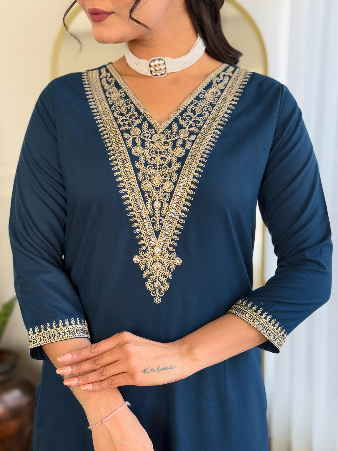 Dark Blue Rayon Elegant Kurta Pant Set With Embroidery Work