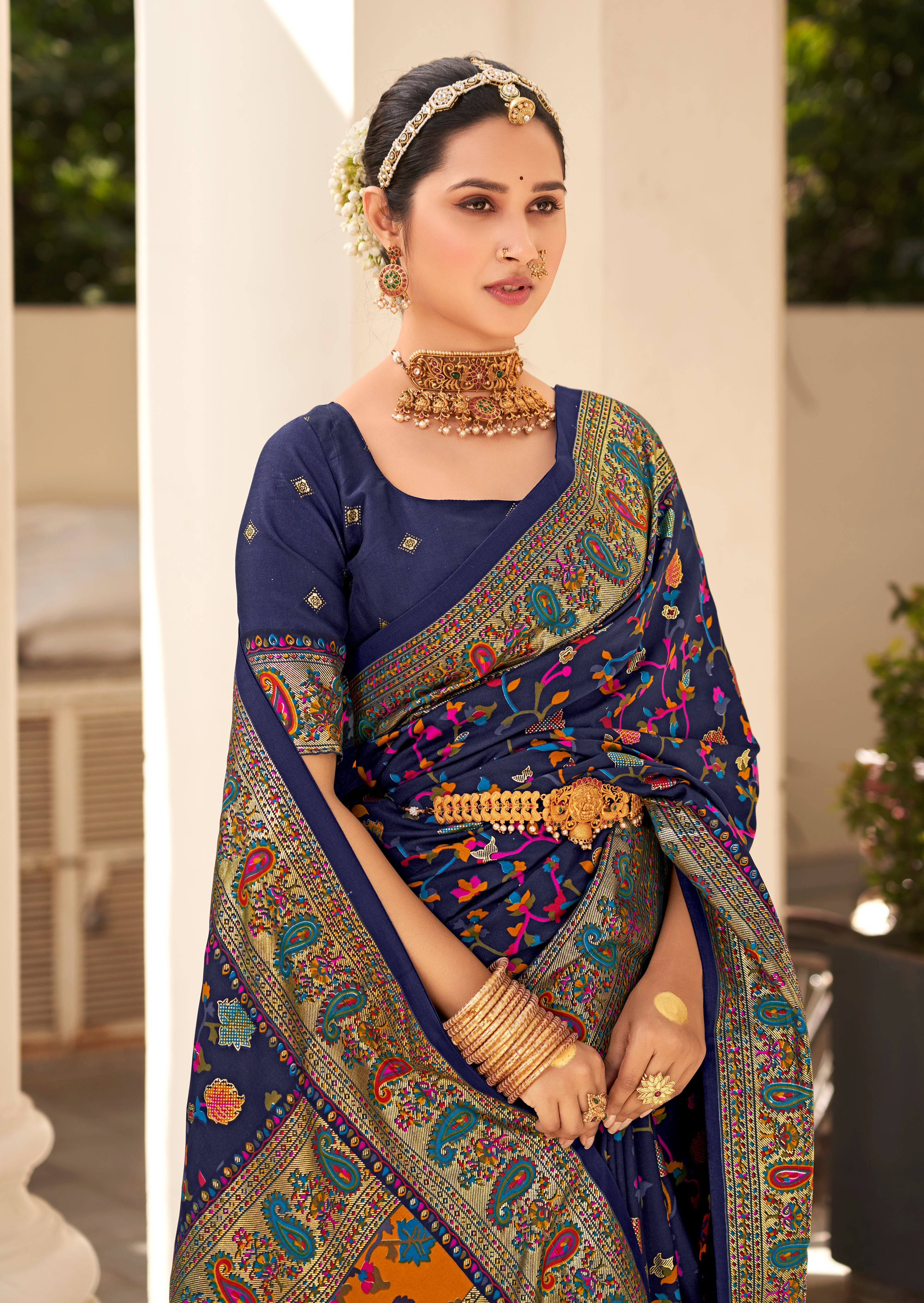 Dark Blue Velvet Tussar Silk Woven Designer With Floral Printed Ethnic Wedding Wear Saree