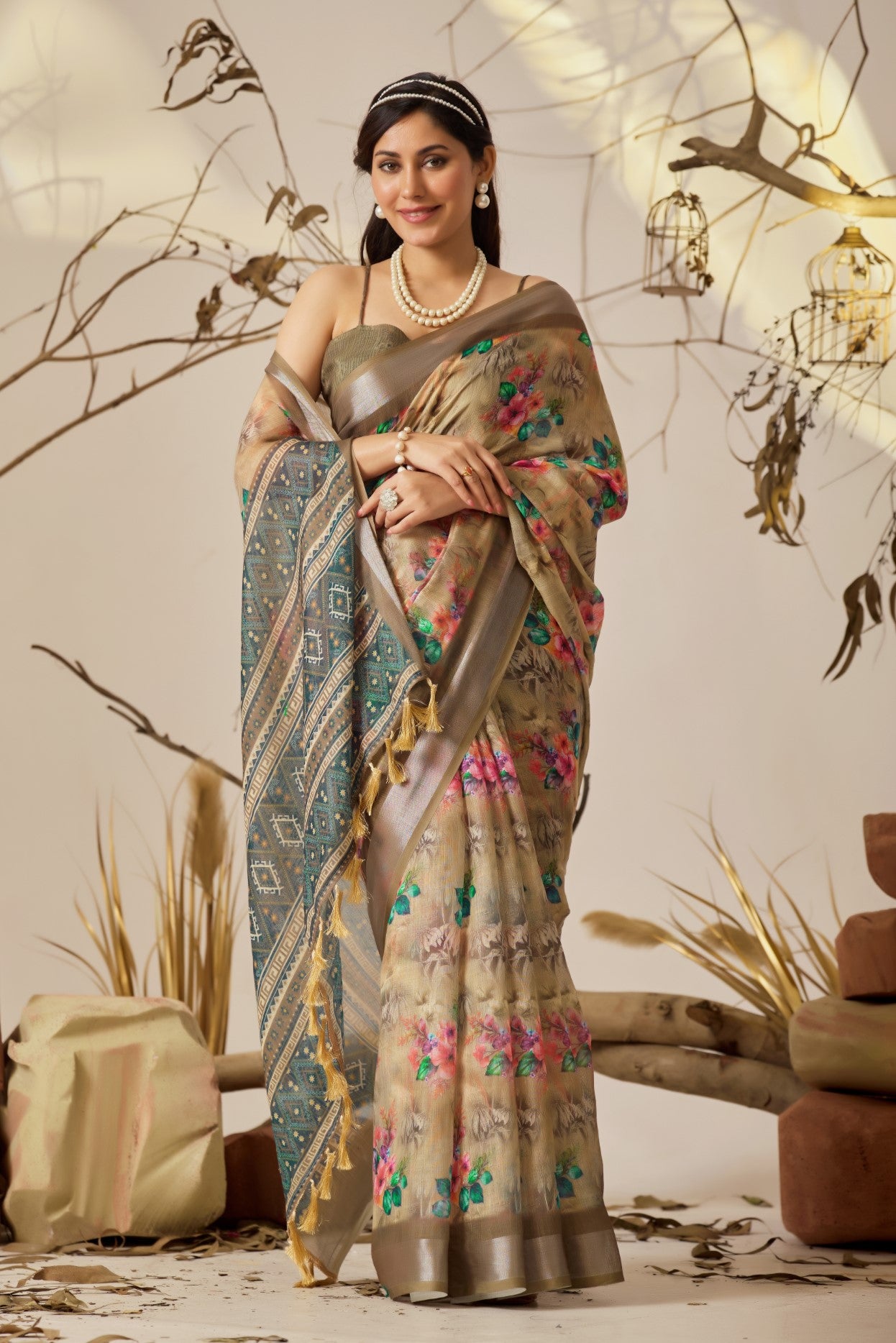 Dark Cream Linen Cotton Saree with Digital Print