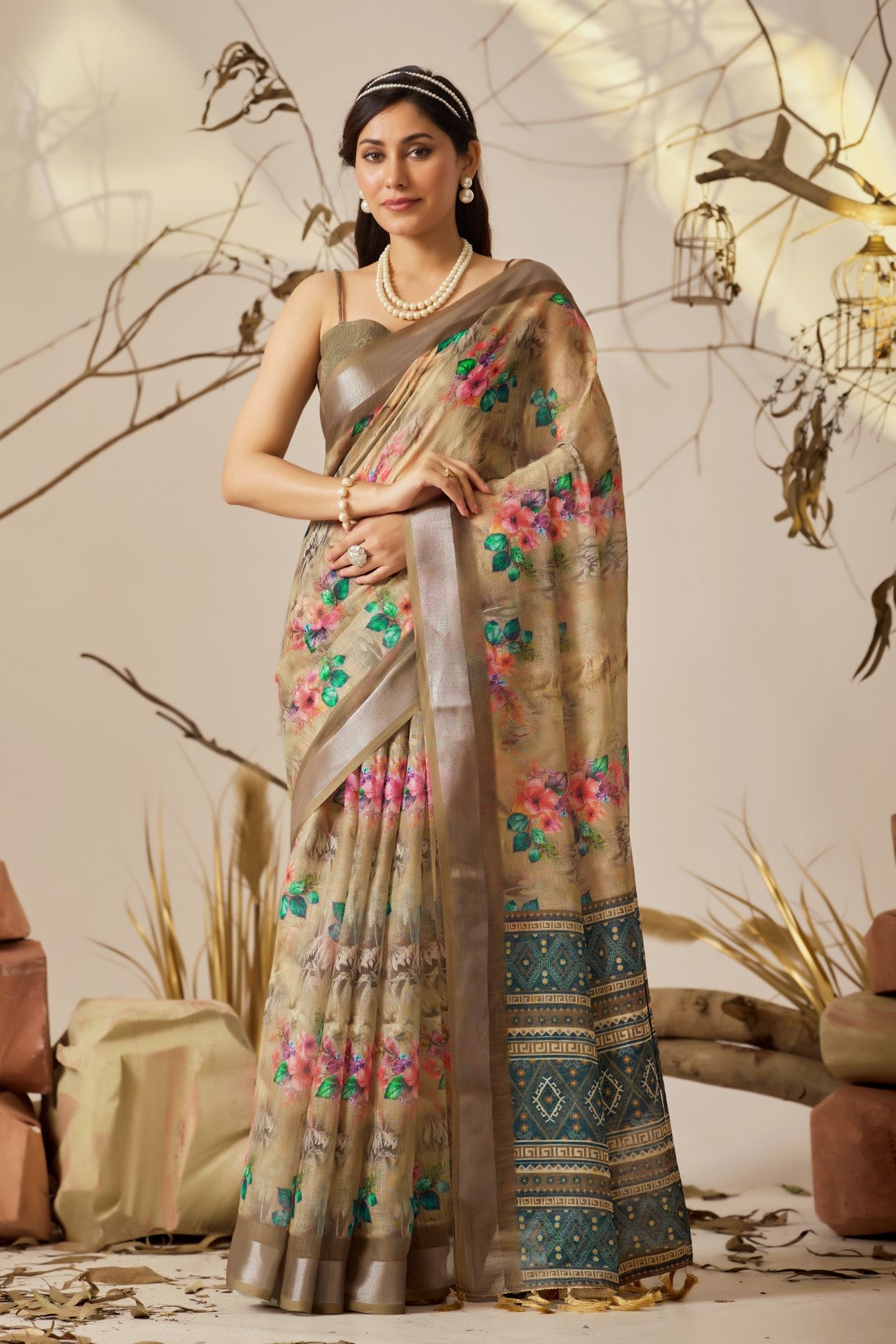 Dark Cream Linen Cotton Saree with Digital Print
