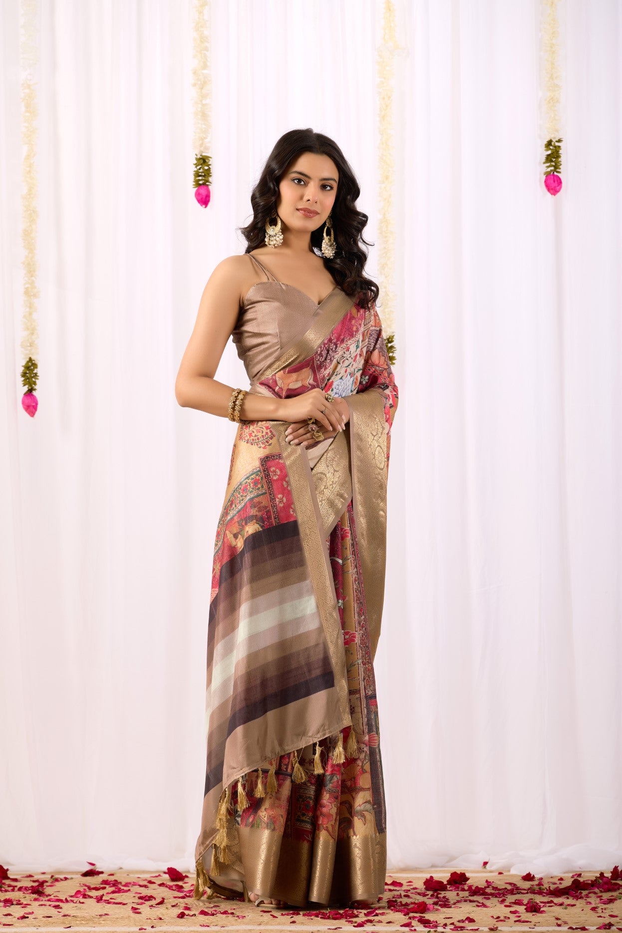 Dark Cream Soft Lichi Silk Saree With Digital Printed Elegant Classic Saree