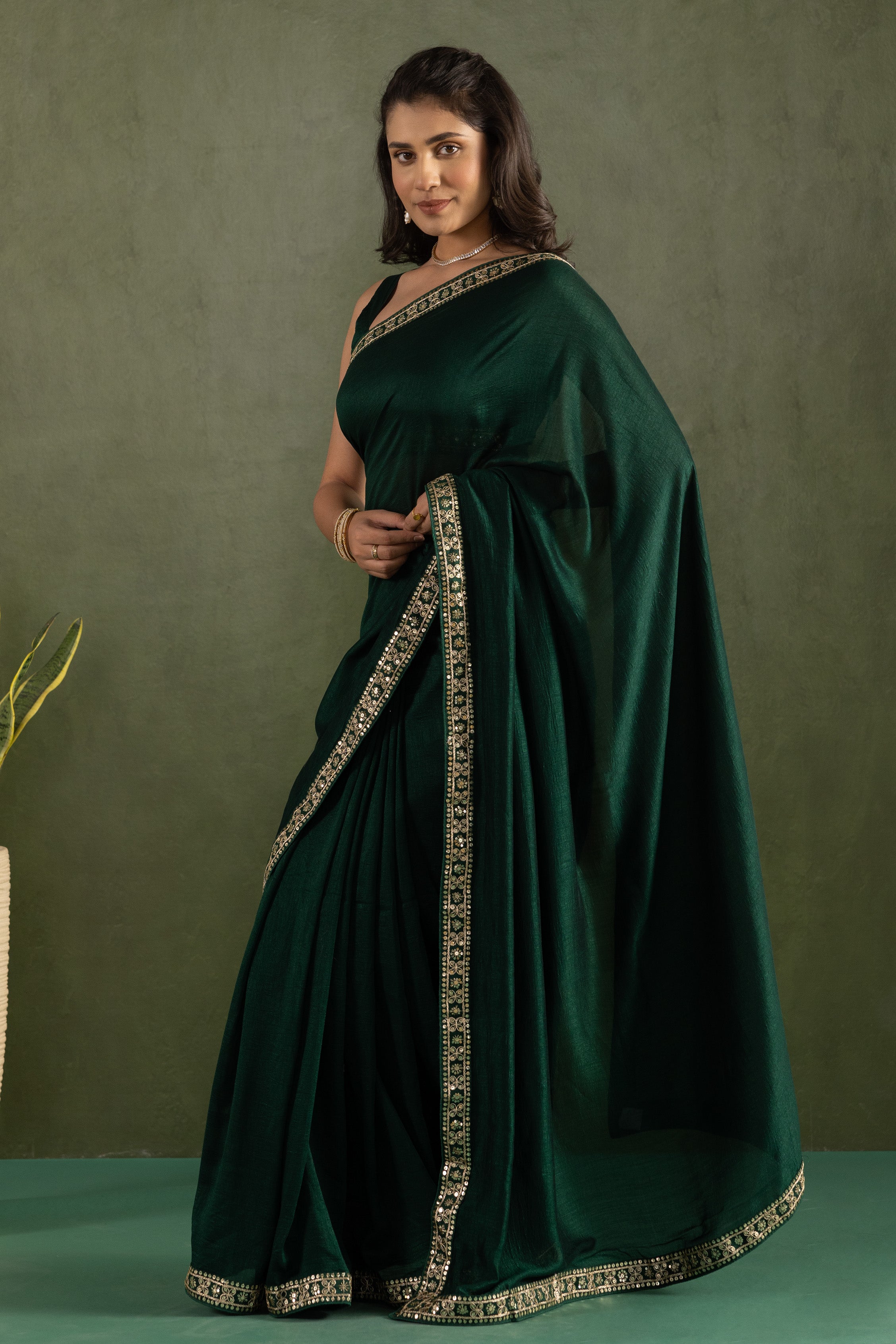 Dark Green Chiffon Ready To Wear Designer Solid Partywear Saree