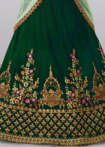 Dark Green Embroidered Taffeta Silk Bridal Lehenga Choli