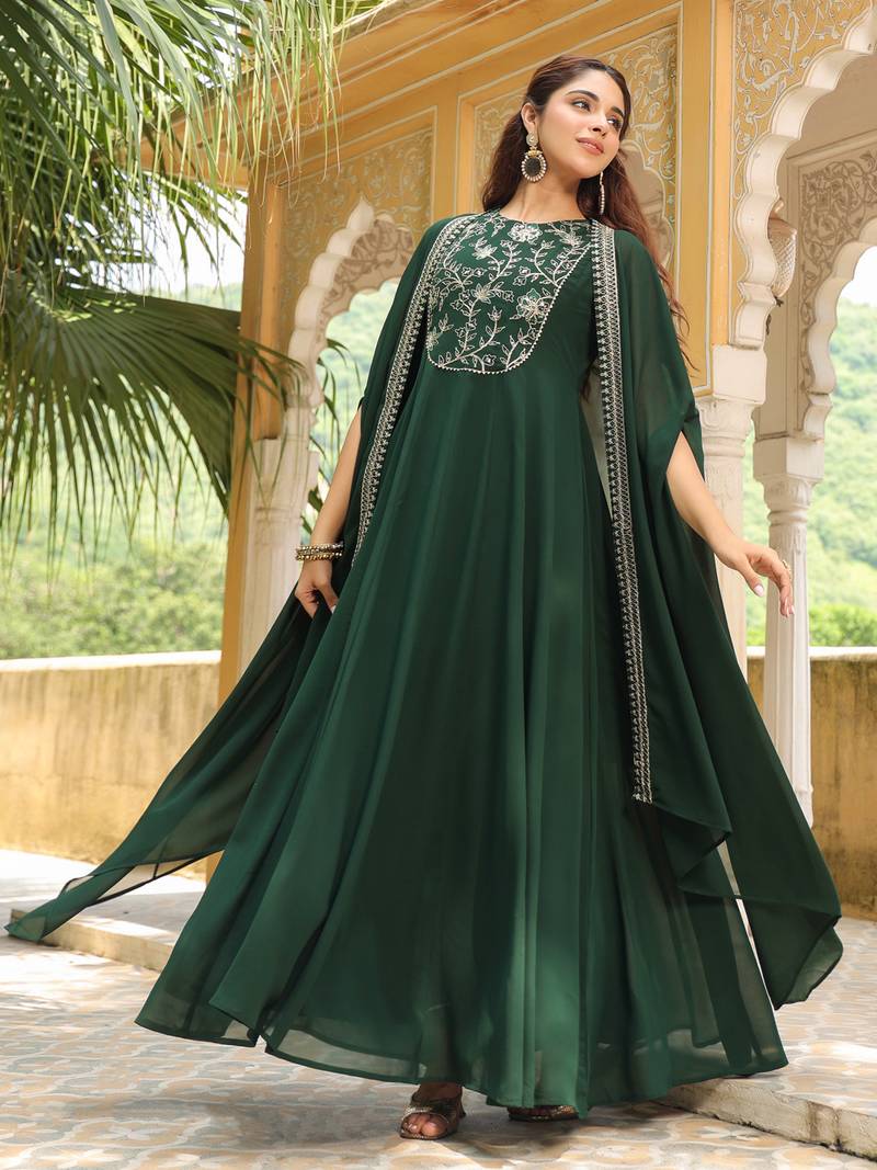 Dark Green Georgette Anarkali Dress With Jacket And Heavy Thread Embroidered Work