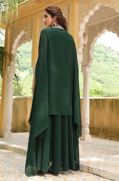 Dark Green Georgette Anarkali Dress With Jacket And Heavy Thread Embroidered Work