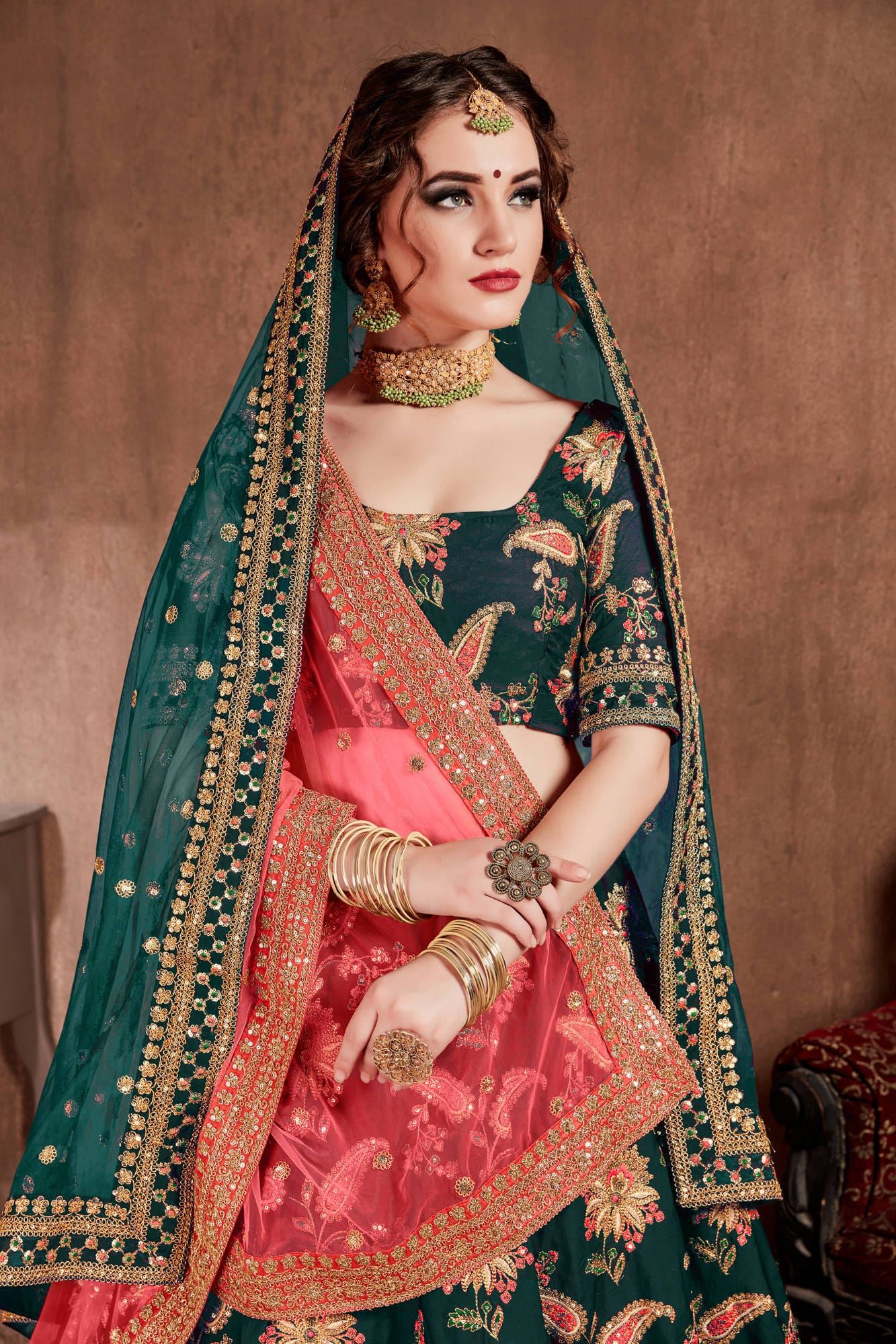 Dark Green Lehenga Choli With Thread, Dori, Zari, Sequins Embroidery Work