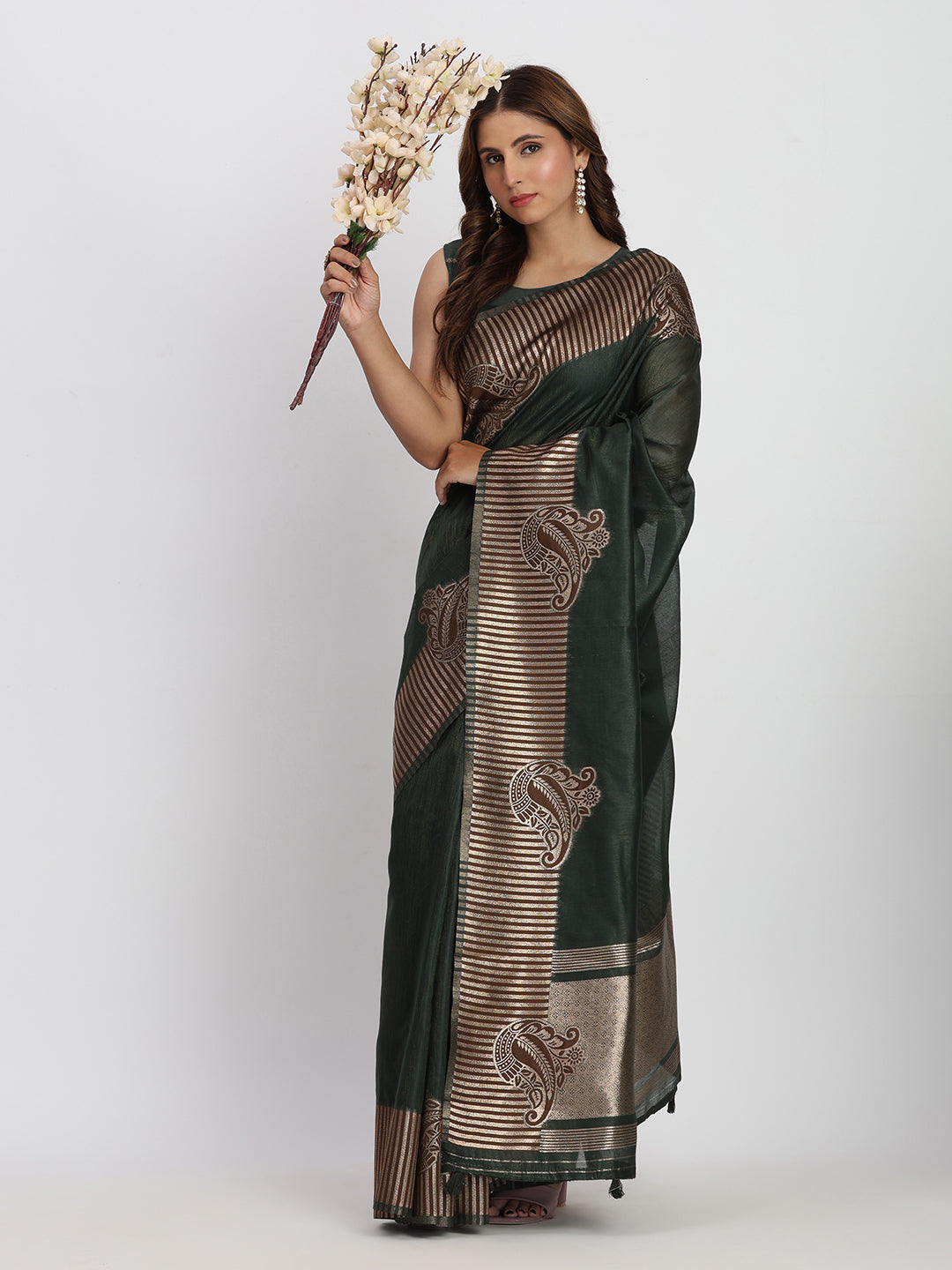 Dark Green Linen Cotton Woven Galla Designer Traditional Partywear Saree