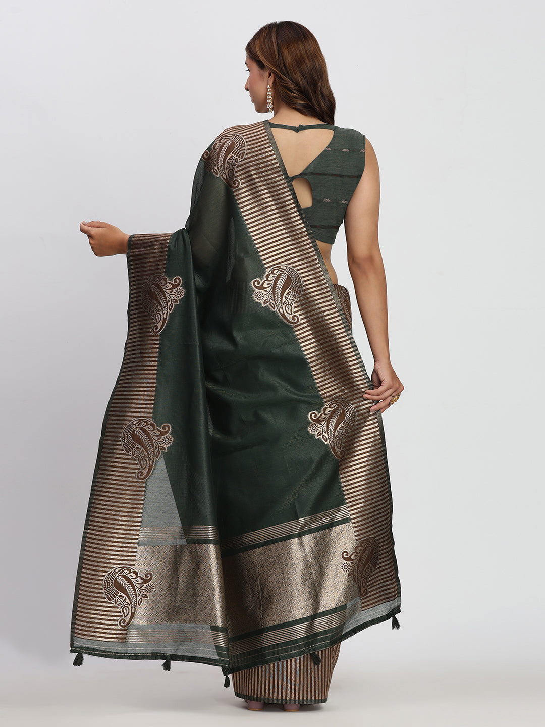 Dark Green Linen Cotton Woven Galla Designer Traditional Partywear Saree