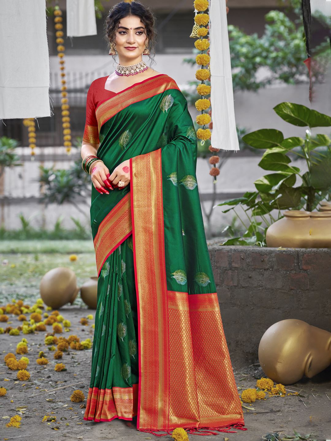Dark Green Silk Saree With Woven Work