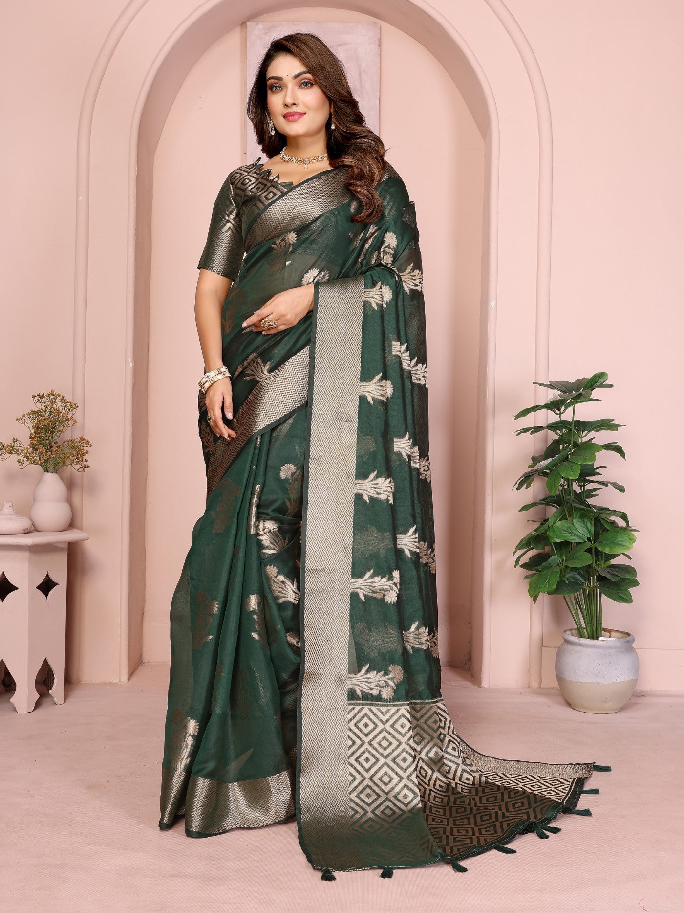 Dark Green Soft Organza Silk Saree With Elegant Weaving
