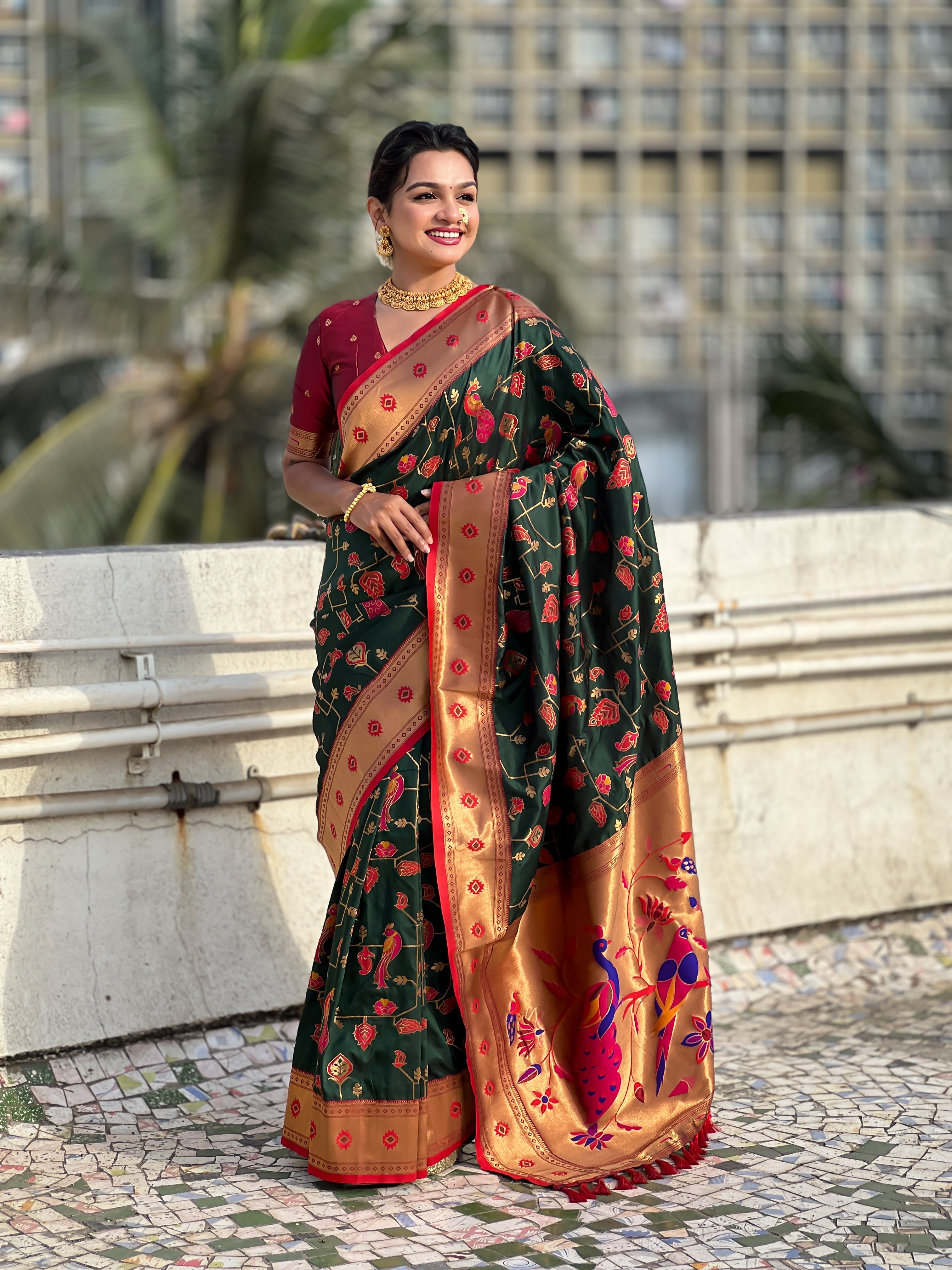 Dark Green Soft Silk Fabri Woven Paithani Meenakari Designer Ceremonial Saree