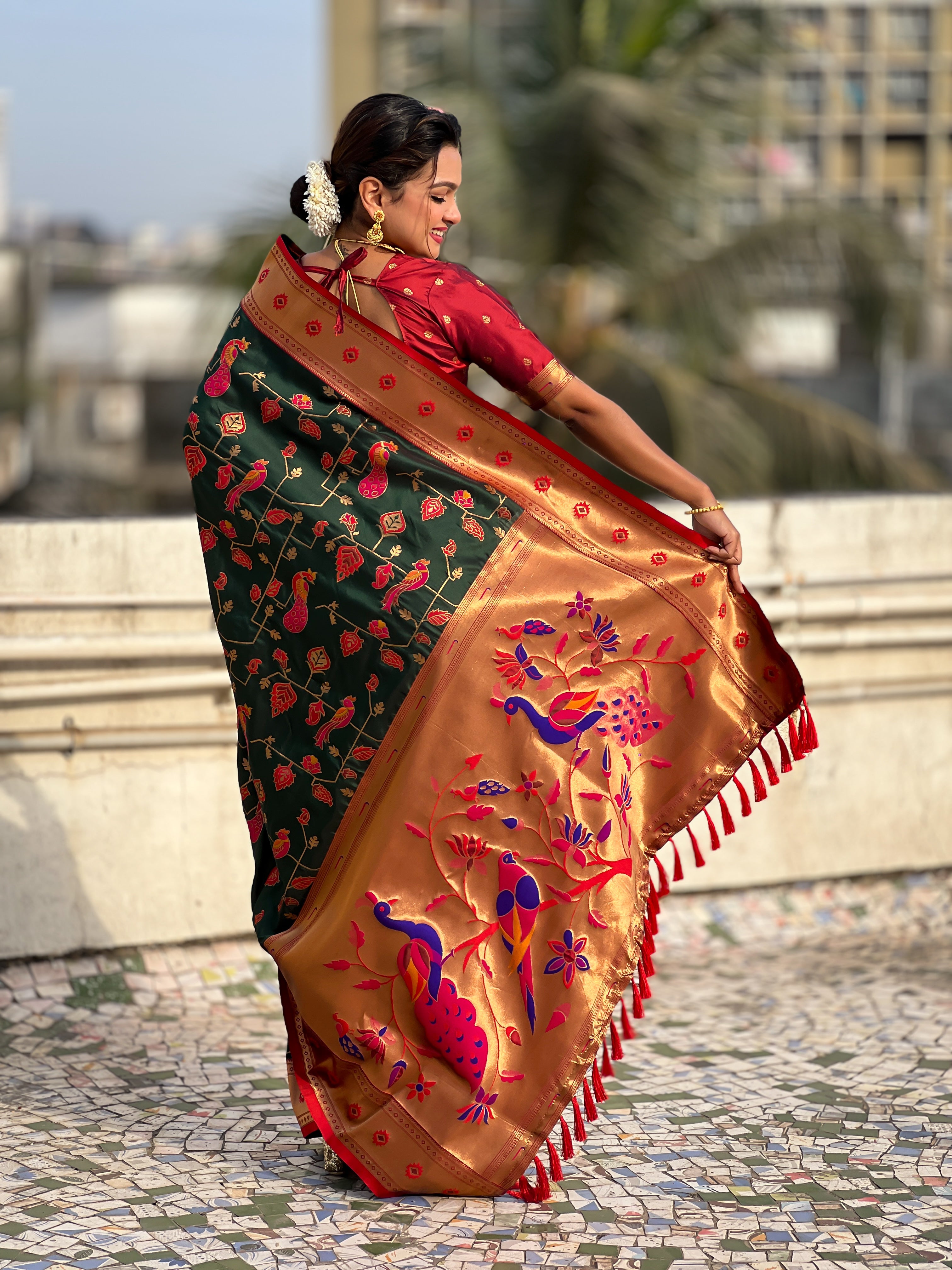 Dark Green Soft Silk Fabri Woven Paithani Meenakari Designer Ceremonial Saree