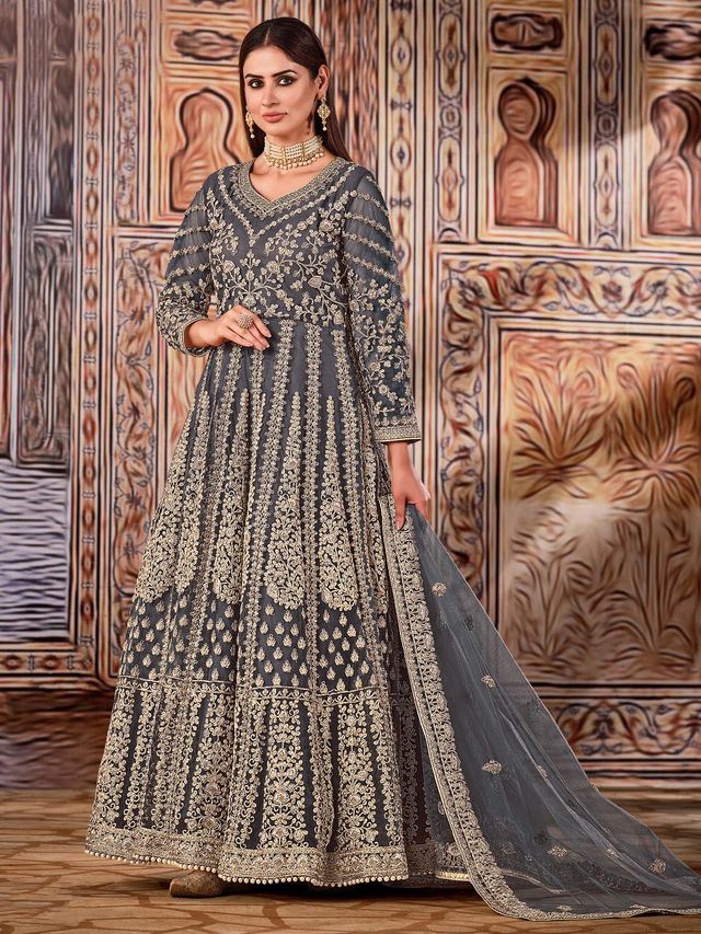 Dark Grey Net Heavy Thread Embroidery And Zari Work  Anarkali Suits