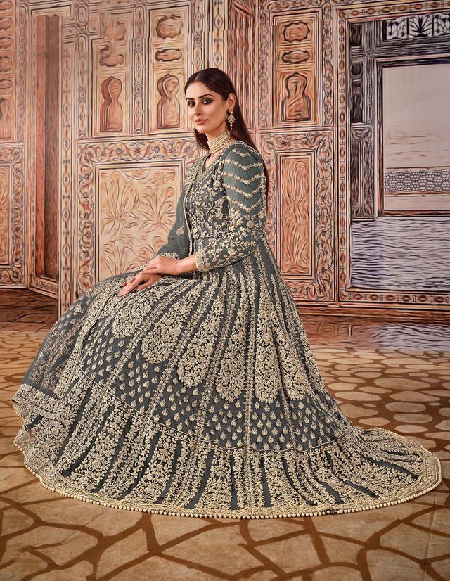 Dark Grey Net Heavy Thread Embroidery And Zari Work  Anarkali Suits