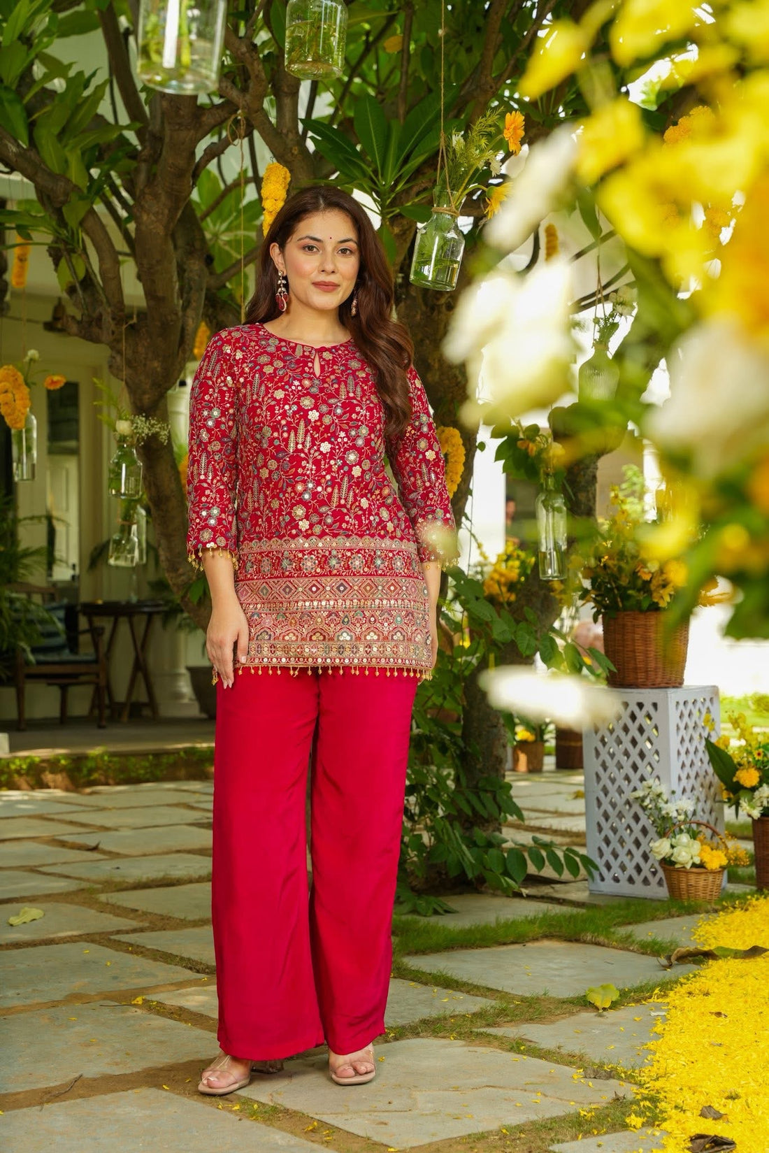 Dark Pink Heavy Crepe Silk  Co-Ord Set With Heavy Thread Embroidery Sequins Work