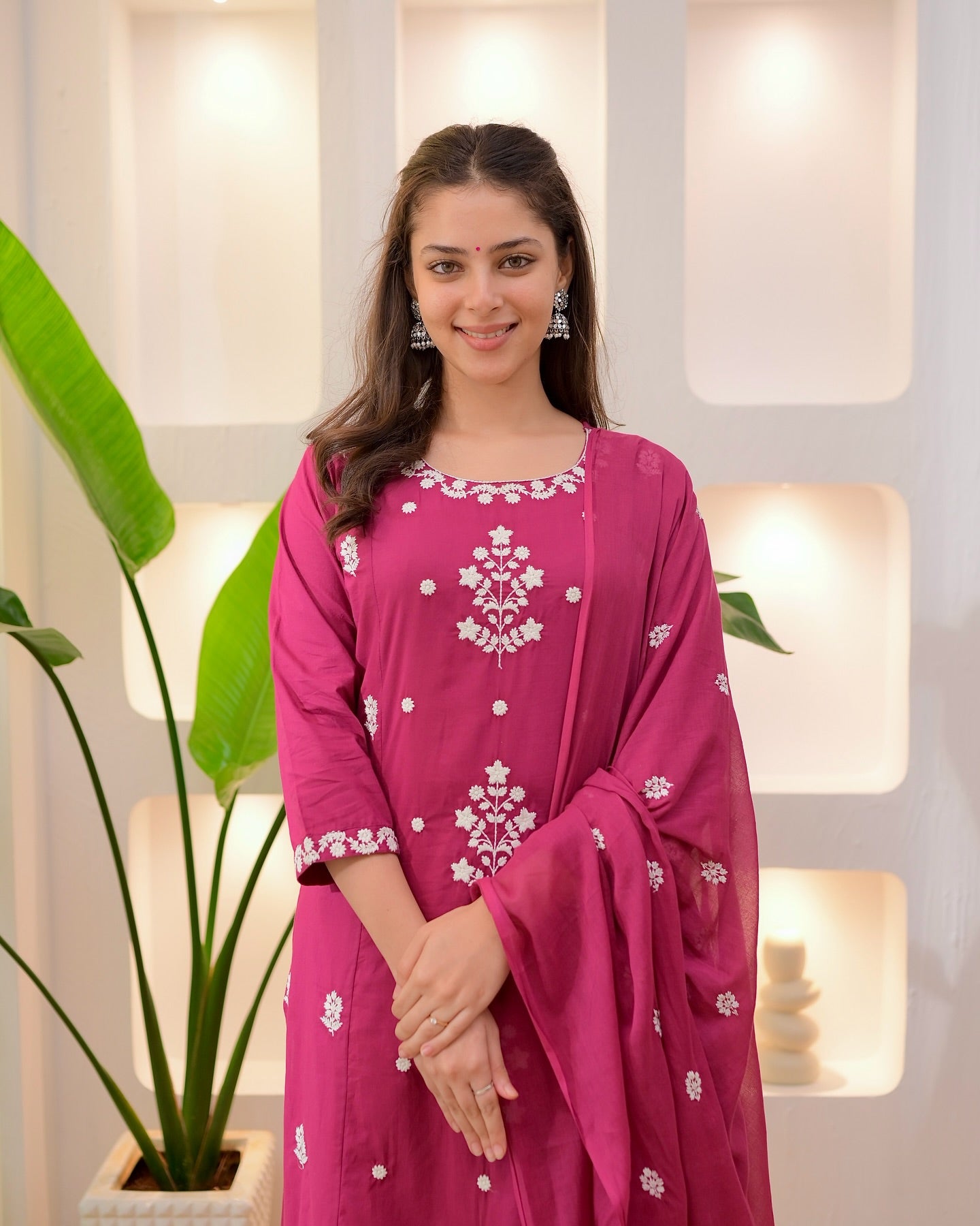 Dark Pink Rayon Slub Kurta Pant Set With Heavy Thread Embroidery Work