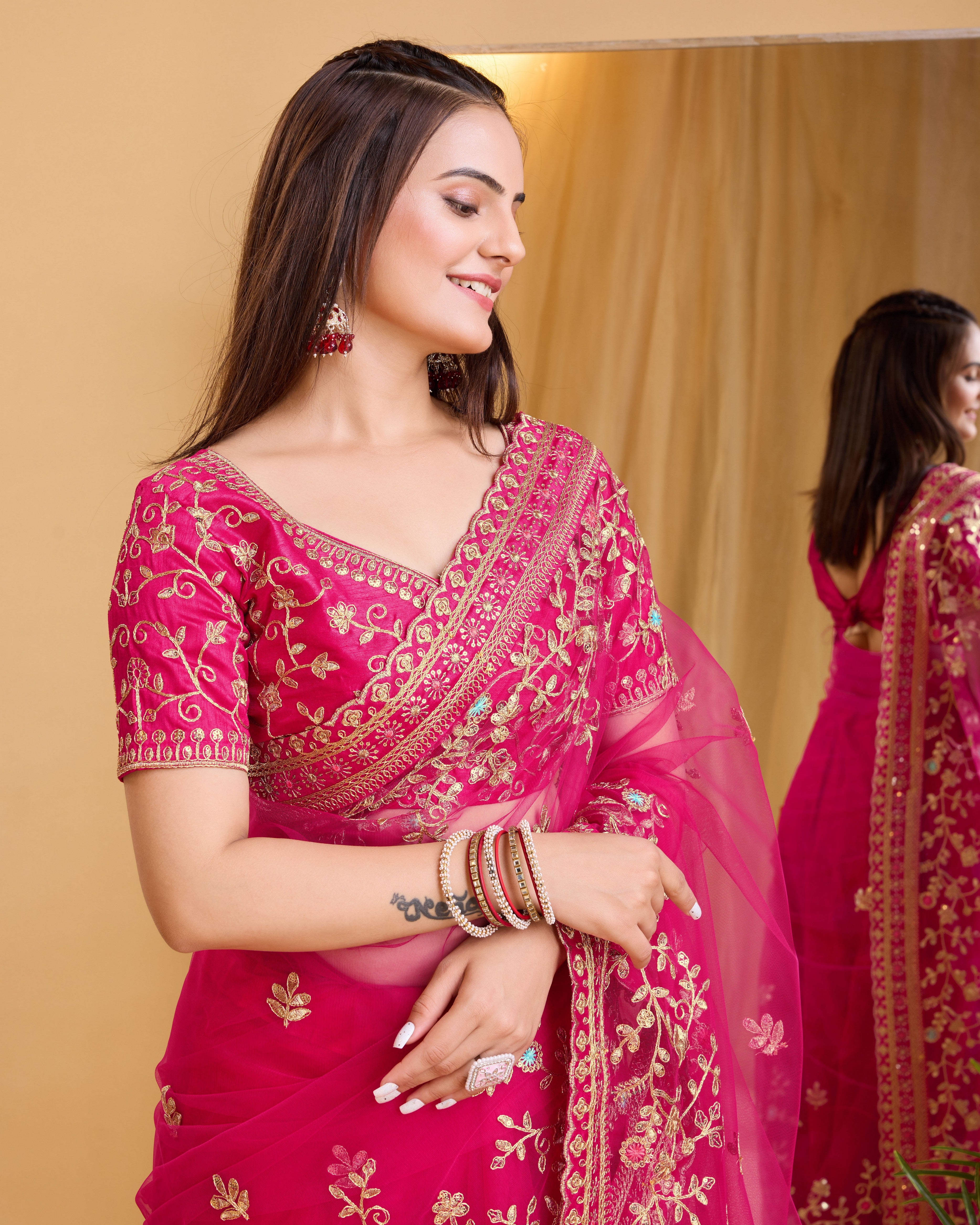 Dark Pink Soft Net Designer Embroidery Work Bollywood Style Saree