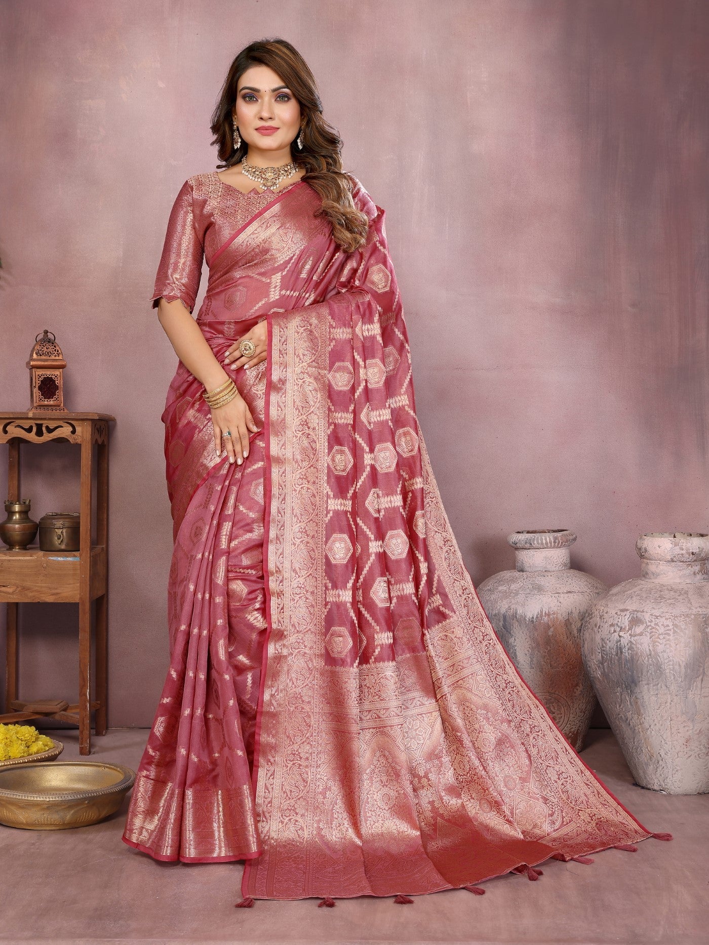 Dark Pink Soft Organza Silk Saree With Elegant Weaving