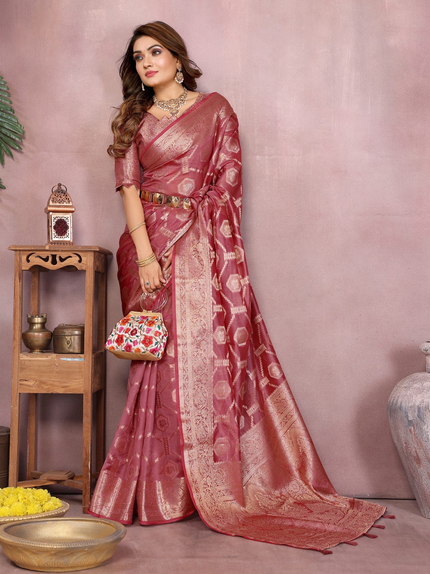 Dark Pink Soft Organza Silk Saree With Elegant Weaving