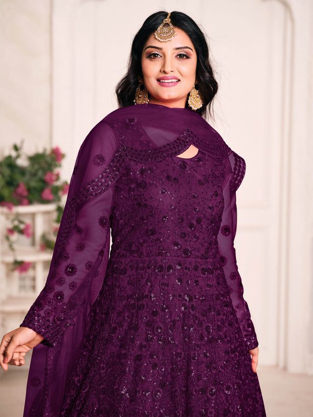 Dark Purple Net Heavy Thread Embroidery And Sequence Work  Anarkali Suits