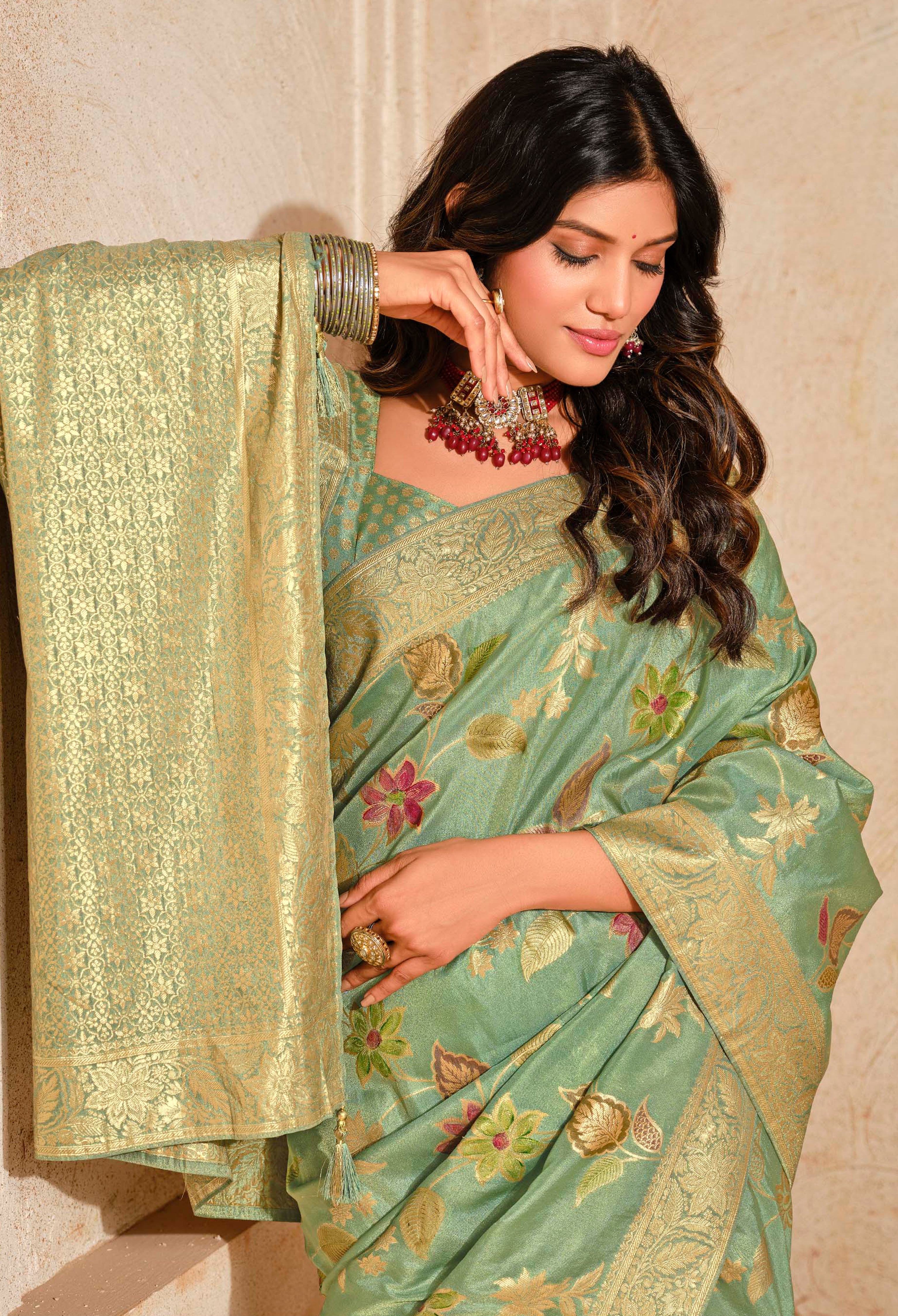 Dark Sea Green Silk Saree With  Jacquard Woven Work