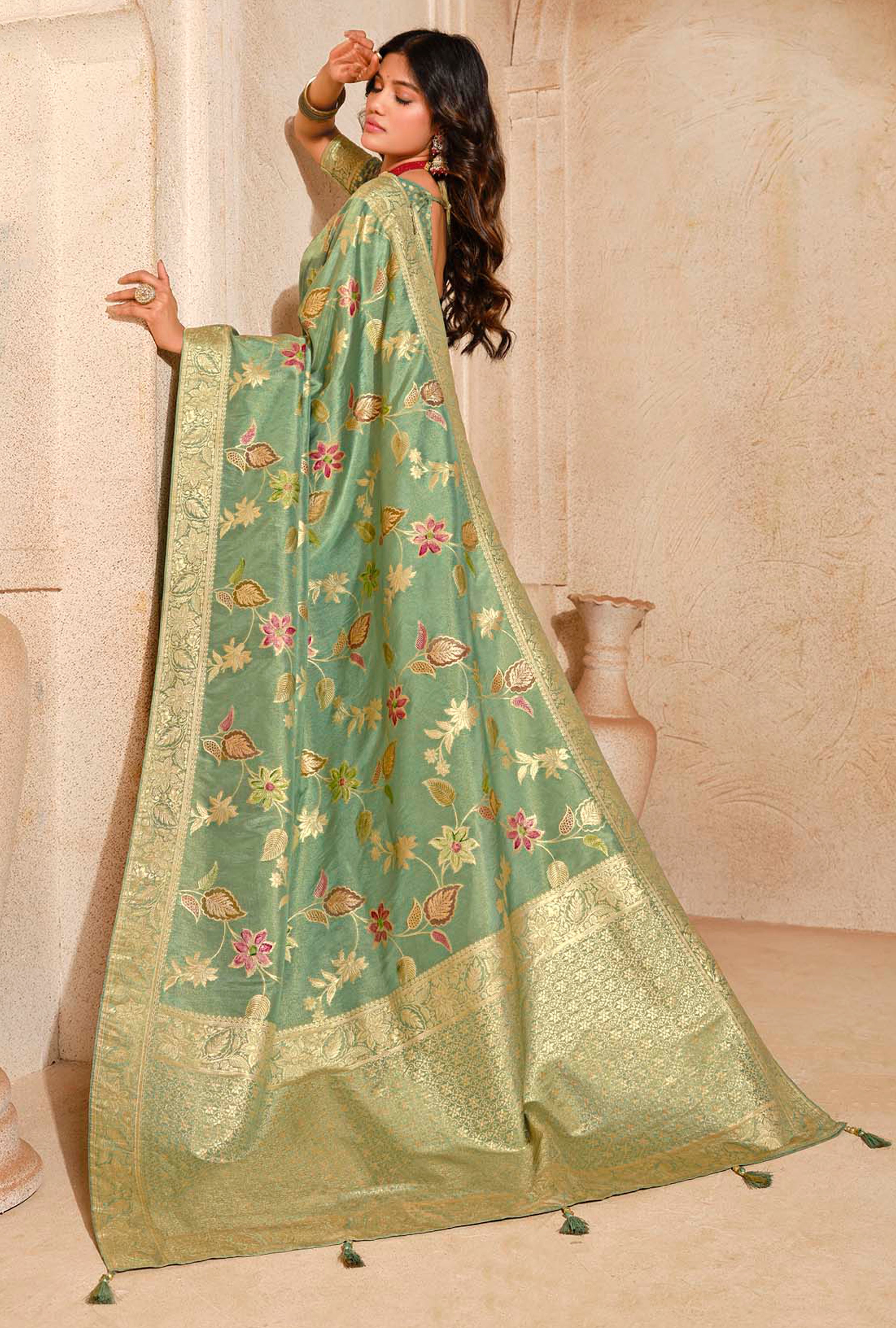 Dark Sea Green Silk Saree With  Jacquard Woven Work