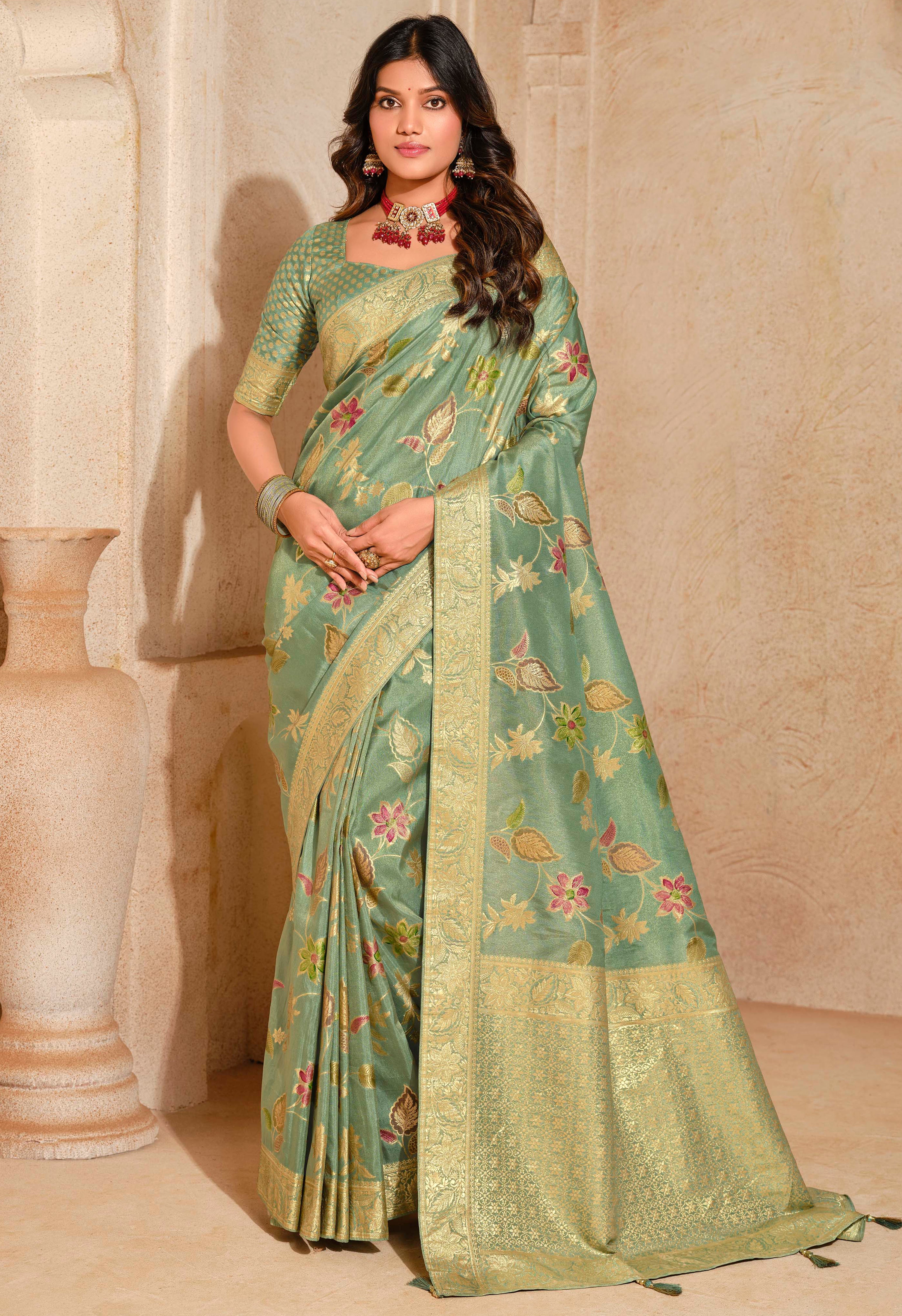 Dark Sea Green Silk Saree With  Jacquard Woven Work