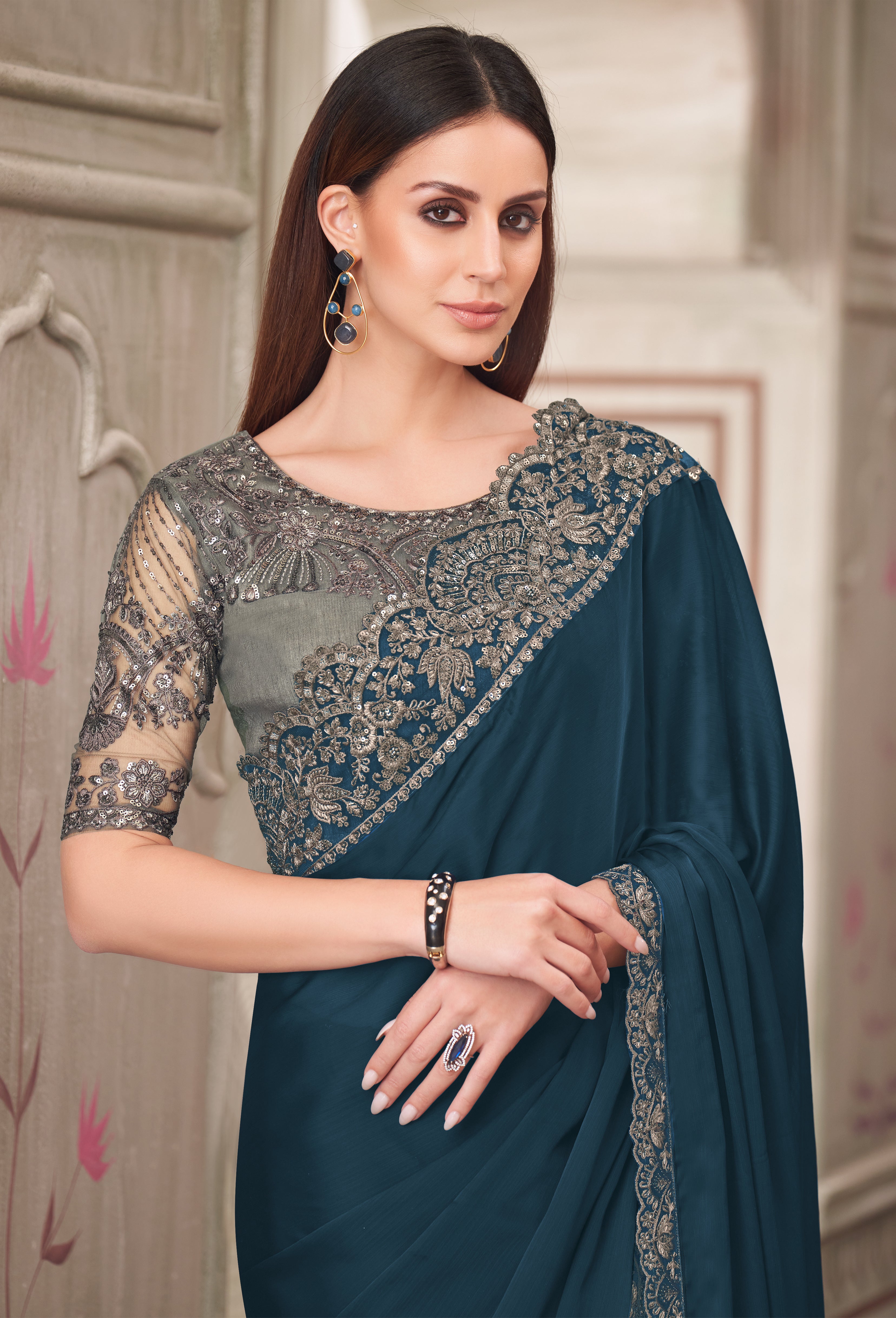 Dark Teal Saree With  Heavy Thread Embroidery Sequins Border Work With Embroidery Blouse