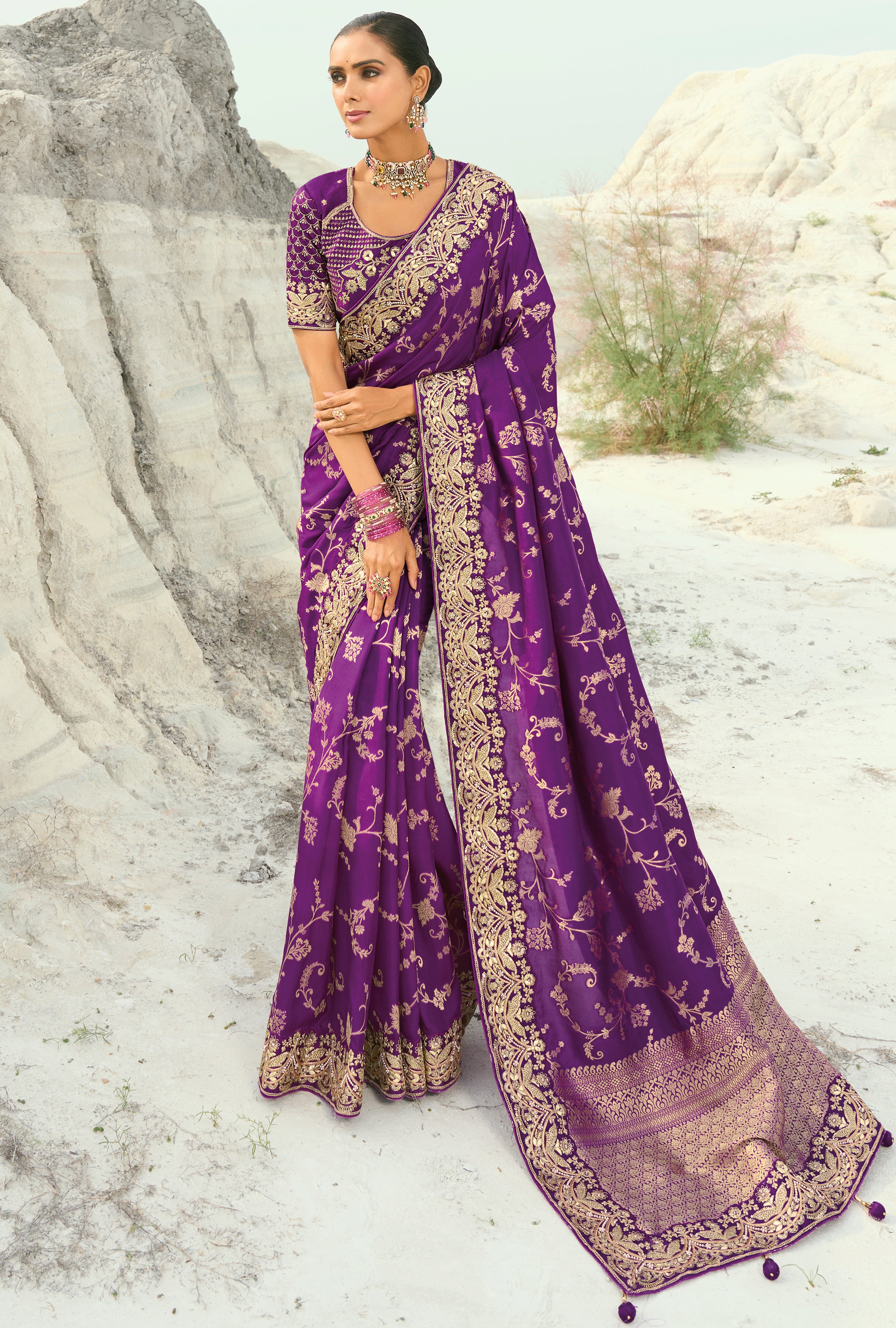 Dark Violet Saree With  Jari, Thread, Moti With Cut-Dana Heavy Work