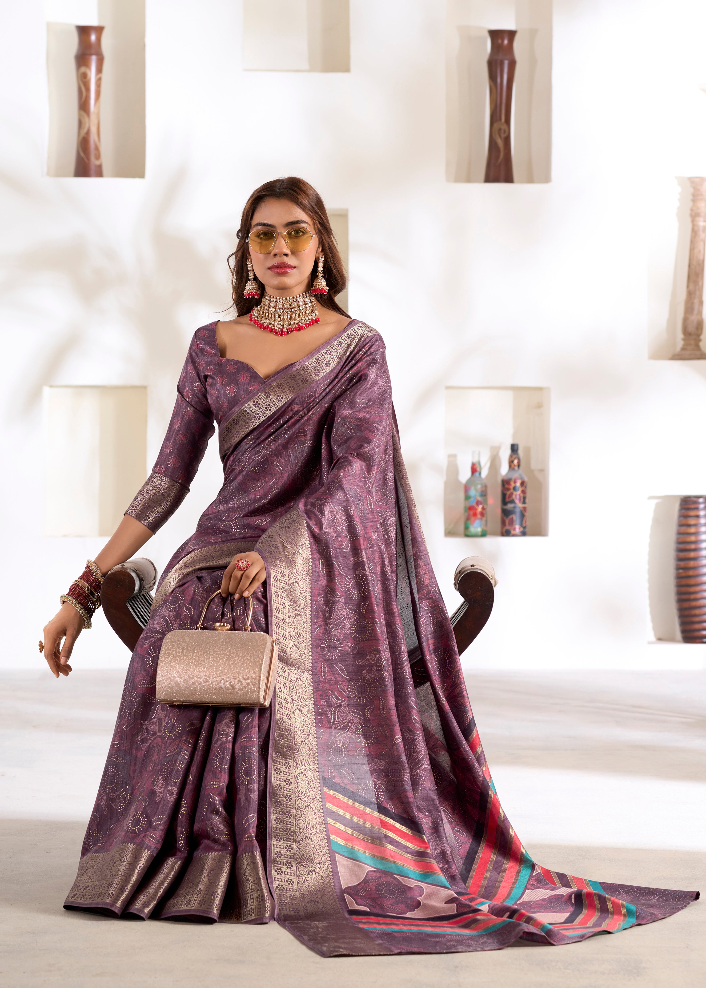 Dark Voilet Soft Dola Silk Saree With  Foil Print With Jacquard Woven Work