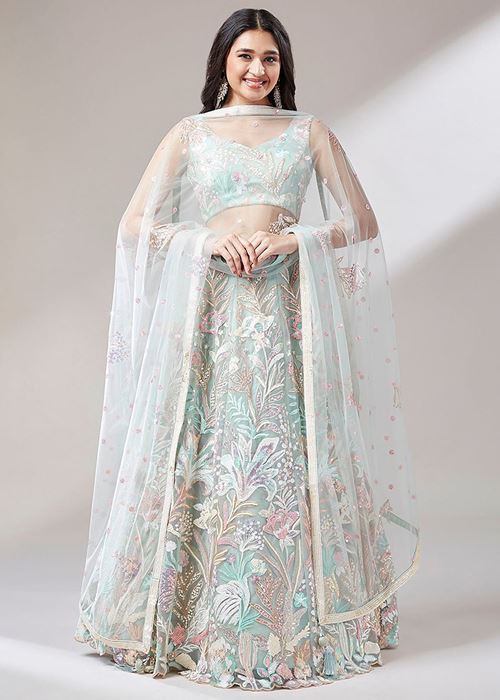 Dazzling Pista Green Sequins Soft Net Engagement Wear Lehenga Choli