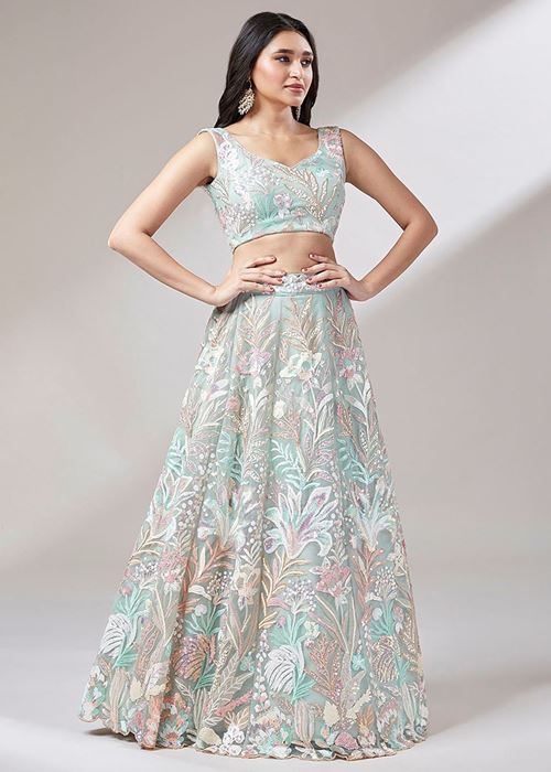 Dazzling Pista Green Sequins Soft Net Engagement Wear Lehenga Choli